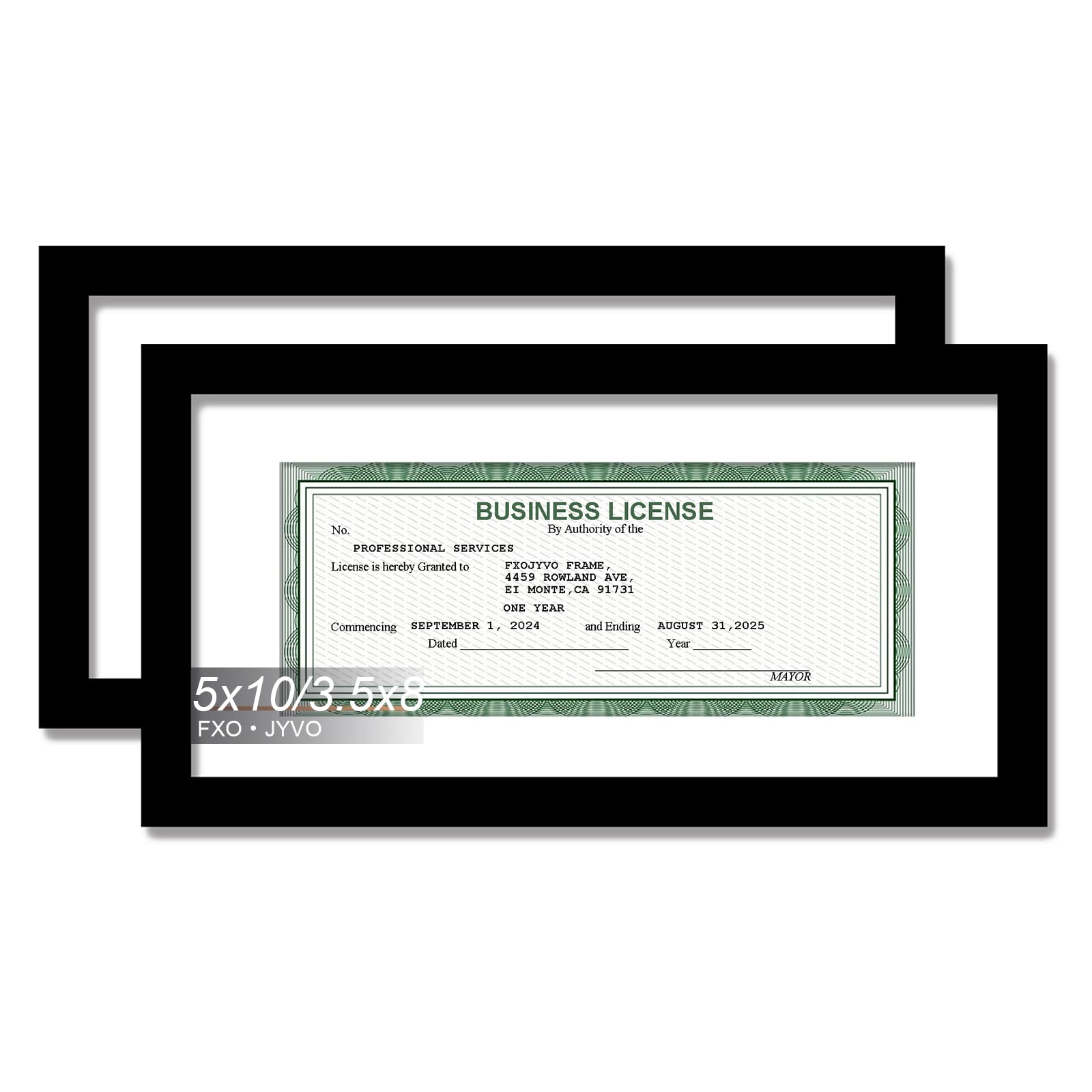 Fxojyvo Black 5x10 Frame Set of 2, Display Business License 3.5 x 8 with Mat or Picture 5x10 Without Mat Desktop or Wall for Lic