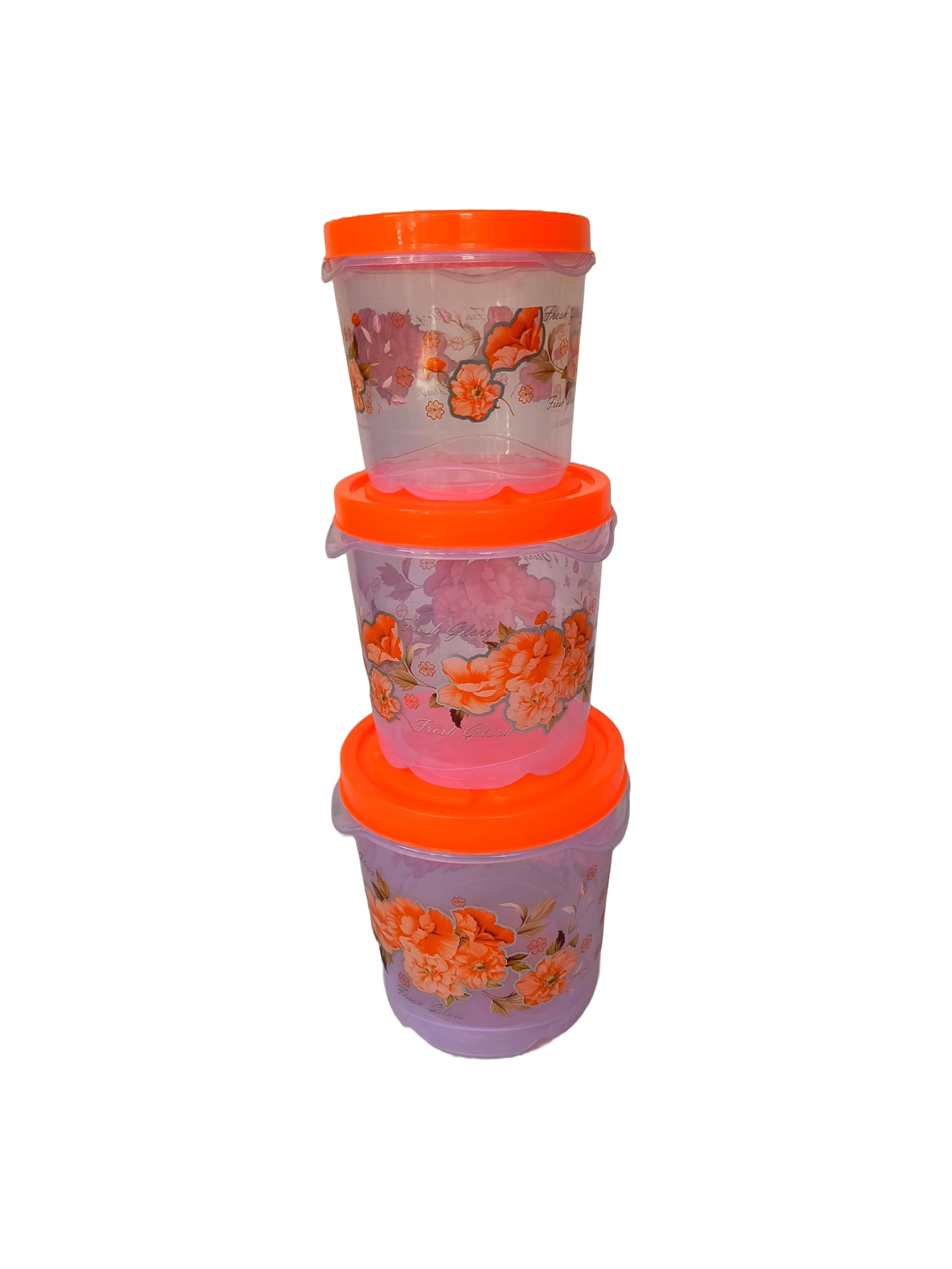 Kitchen Grocery Airtight Container Set Of 1Kg 2Kg 3Kg Printed Plastic Storage Jar With Lid Orange Colour