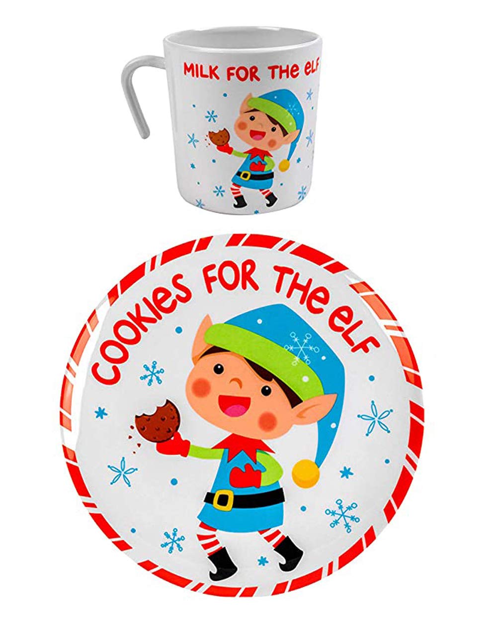 Cookies For Santa Plate and Mug Set: Elf, Reindeer and Santa Designs Melamine Wares (Elf, 1 Plate & 1 Cup)