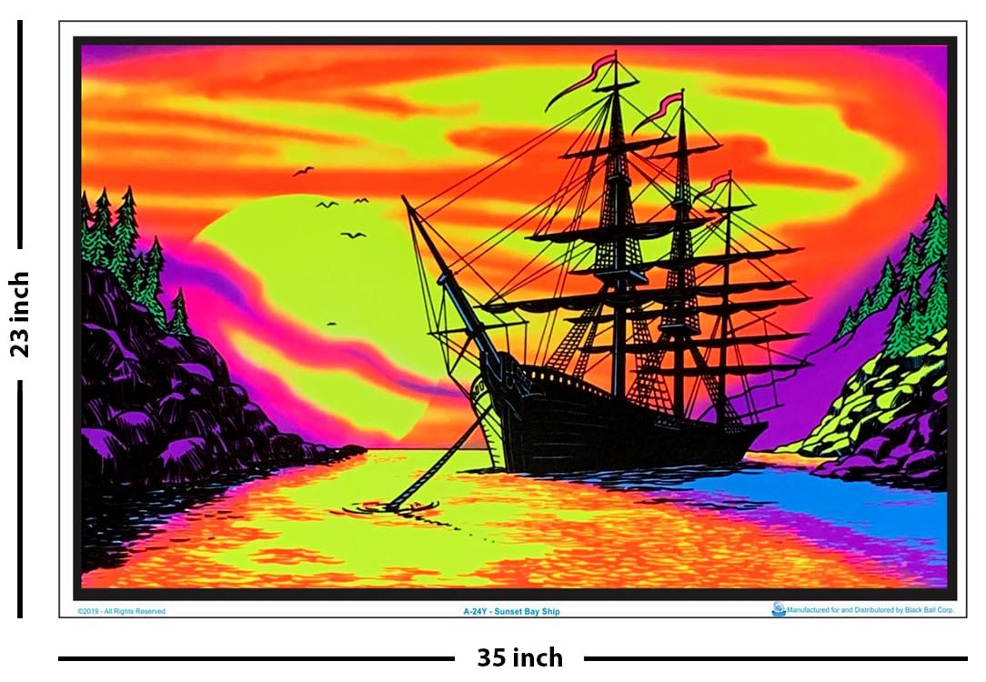 Sunset Bay Ship Blacklight Poster - Authentic Blacklight-Reactive Flocked Material - 35'' X 23''