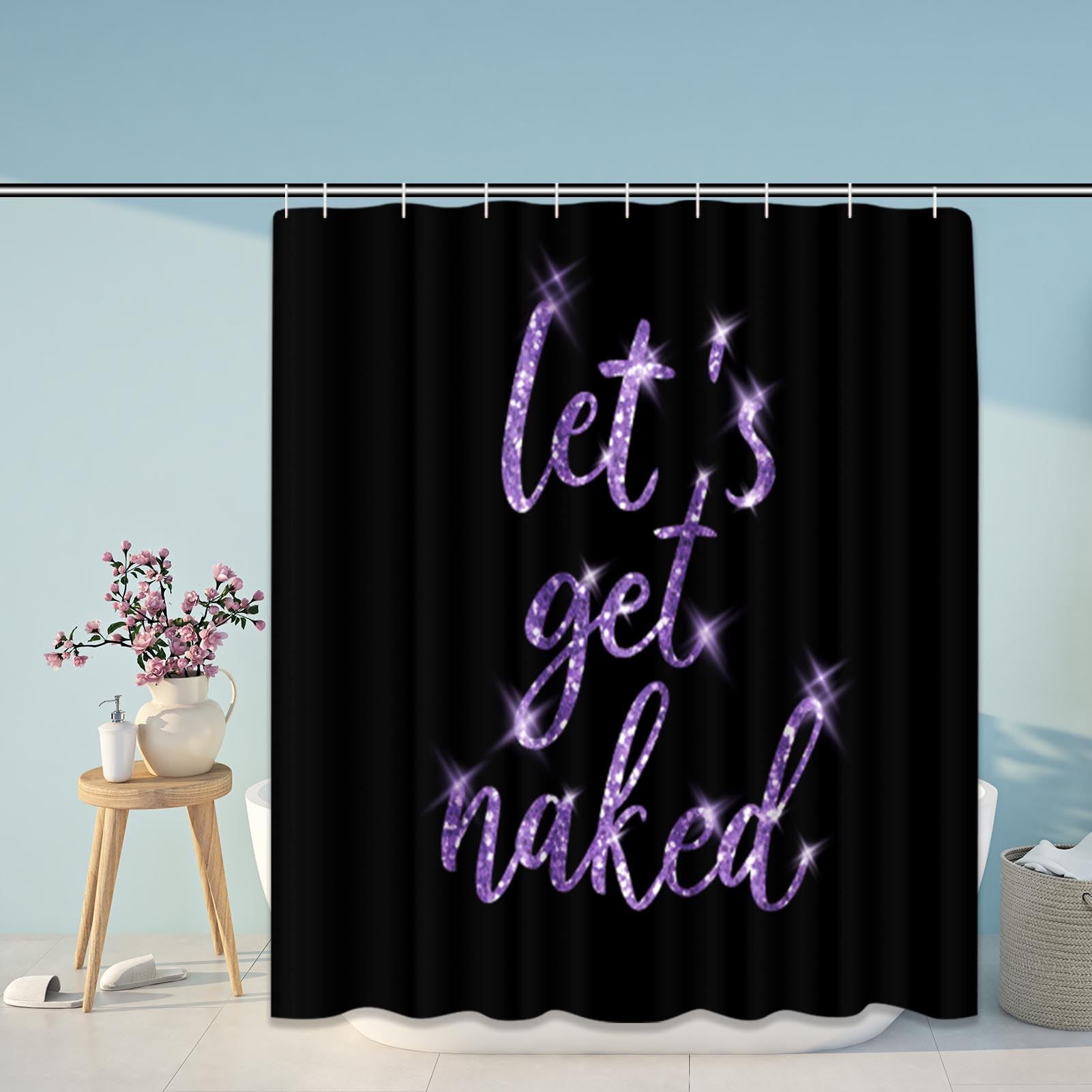 Artsocket 4Pc Purple Let'S Get Naked Shower Curtain Sets Gold And Black Bathroom Decor With Rugs, Non-Slip Rug,Toilet Lid Cover,