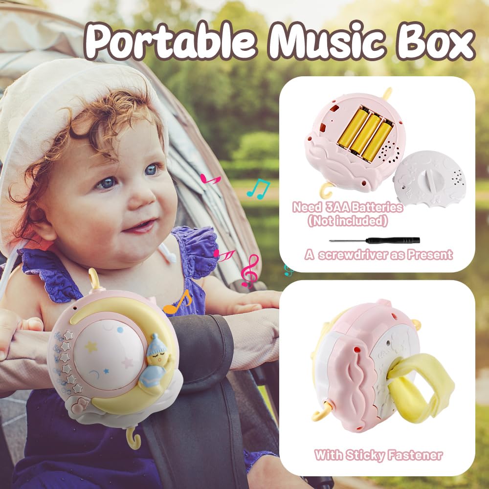 Baby Musical crib Mobile with Timing Function Projector and Lights Hanging Rotating Rattles and Remote control Music Box with 150 Melodies Toy for Newborn 0-24 Months