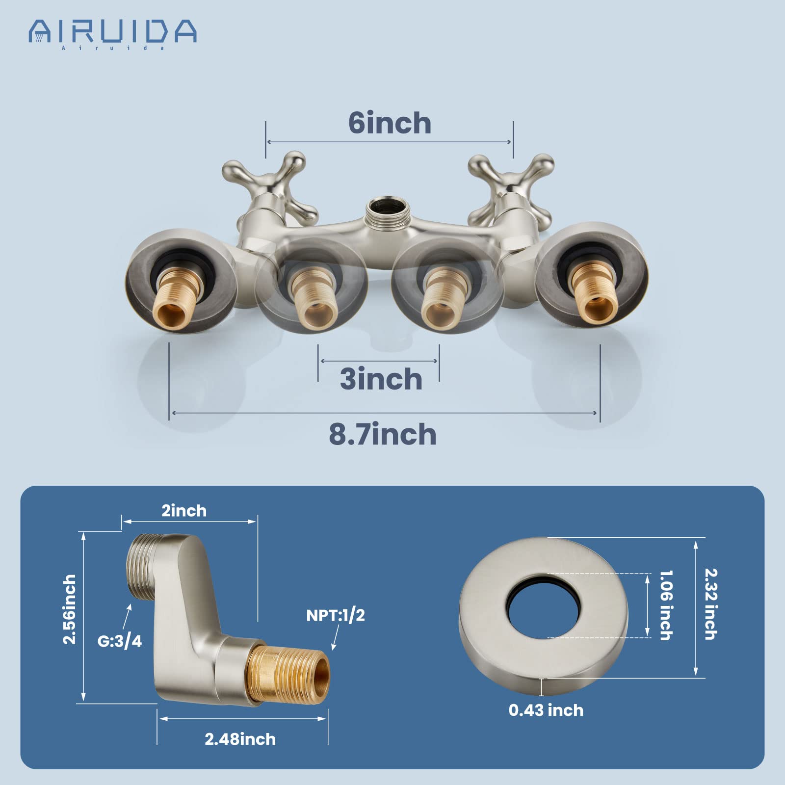 Airuida Wall Mounted Faucet Kitchen Brushed Nickel 6 Inch(15Cm) Spout Reach Adjustable Center Double Cross Handles 3 Inch To 9 I