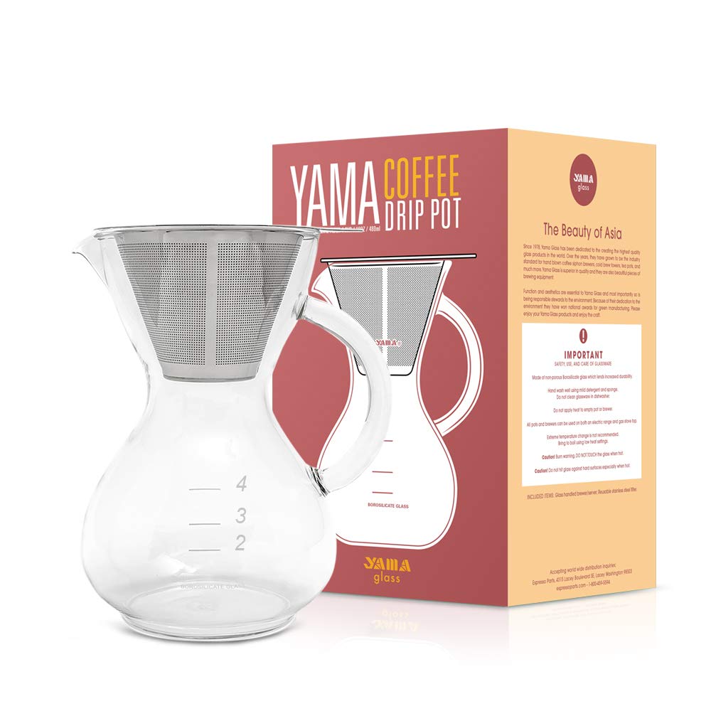 Yama Coffee Glass 20Oz Pour Over Drip Pot With Reusable Stainless Steel Filter Cone, Glass Handle - Yama Glass, Hand Blown In Ta