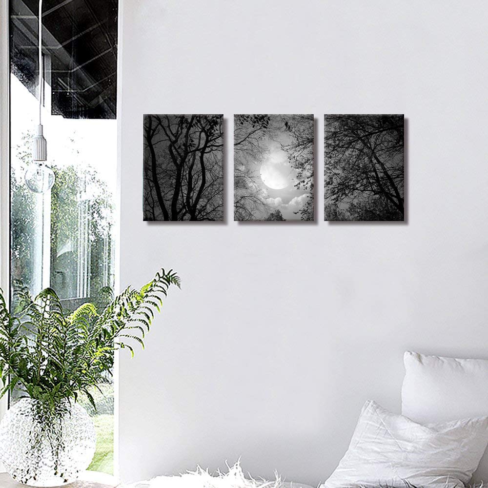 Visual Art Decor Black and White Full Moon Forest Trees Picture Goth Room Decor Canvas Wall Art Framed Artwork Gothic Home Decor Living Room Bedroom Home Office Decoration 3 Piece