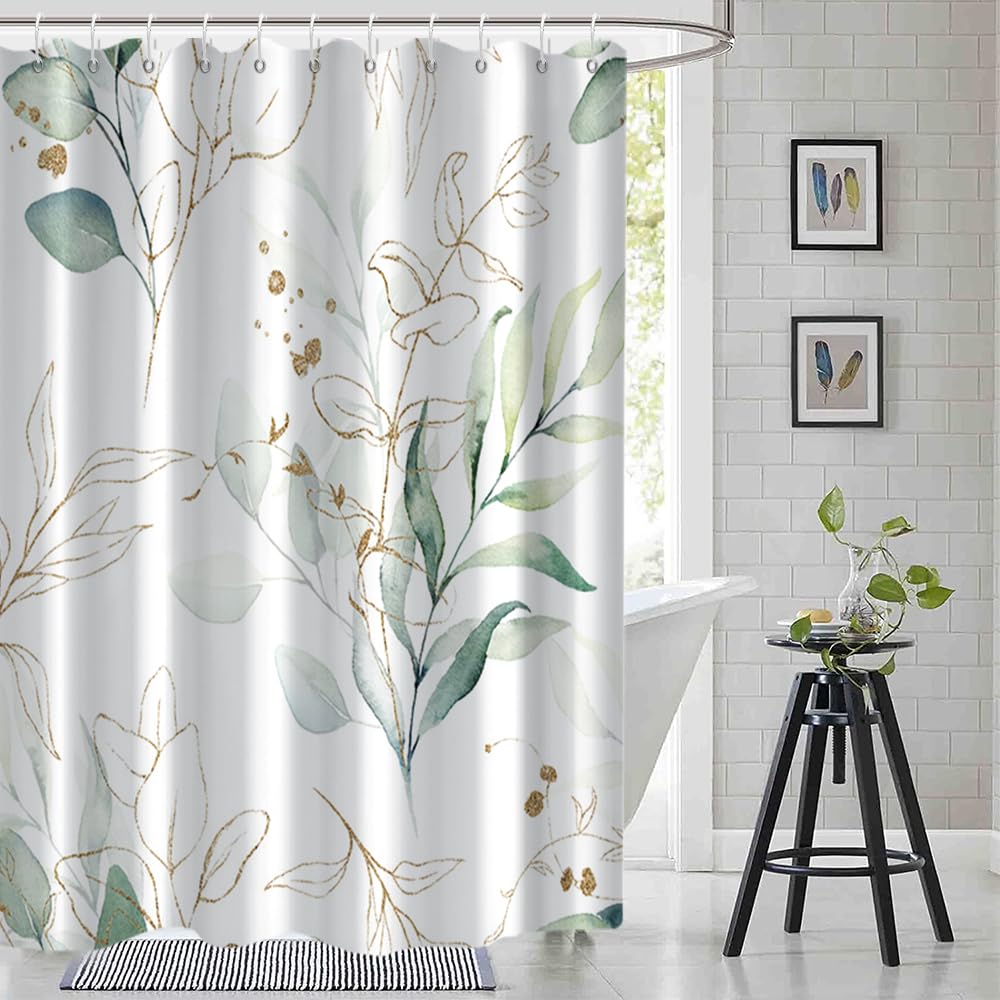 Ruelvth Eucalyptus Shower Curtain, Spring Sage Green And Gold Abstract Leaves Shower Curtain Set For Bathroom Waterproof Fabric