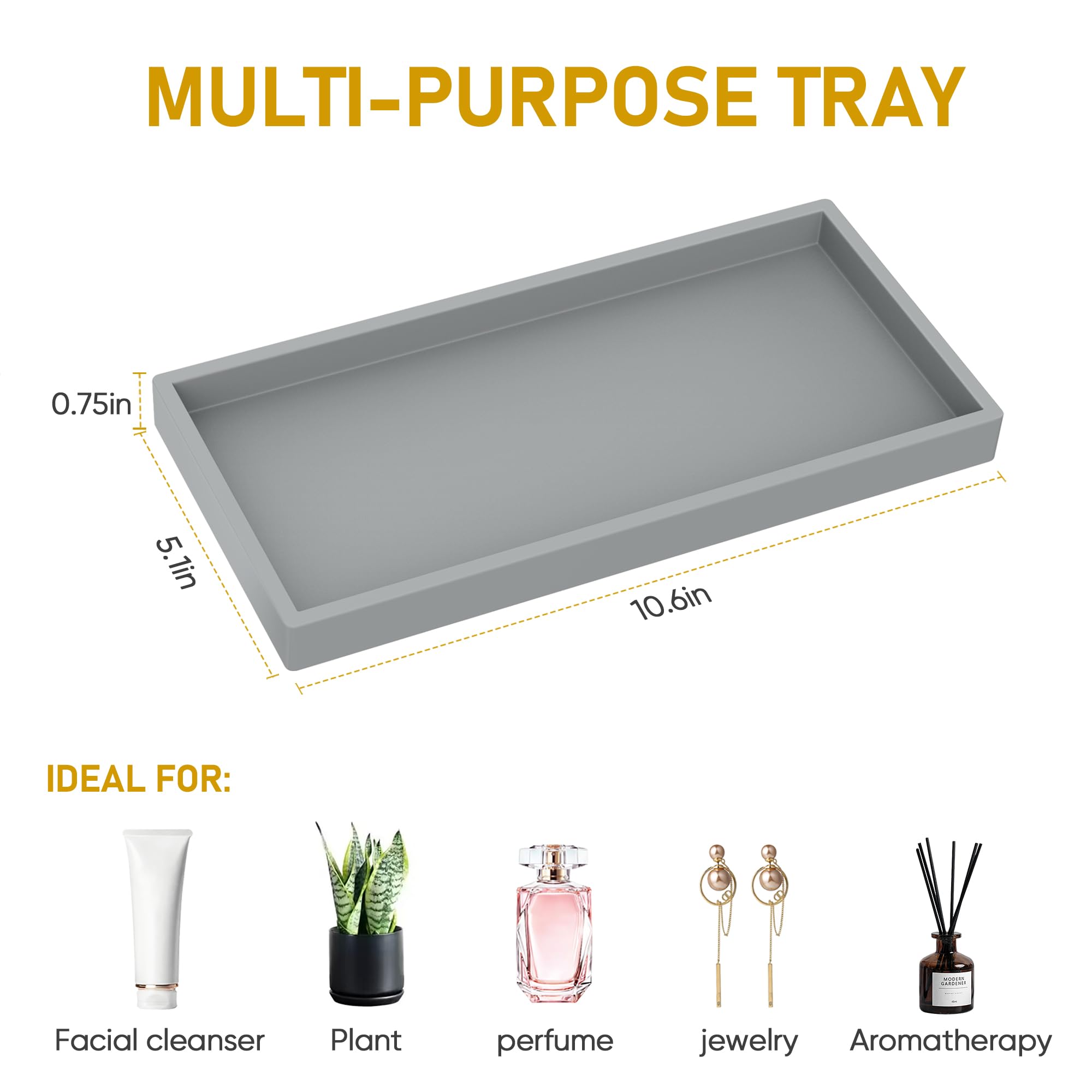 Eg-Sipro Bathroom Counter Tray, Silicone, Rectangular, Gray, Thick, Shatterproof, Soap Dispenser Tray, 10.6'X5.1' Or 7.8'X3.9'