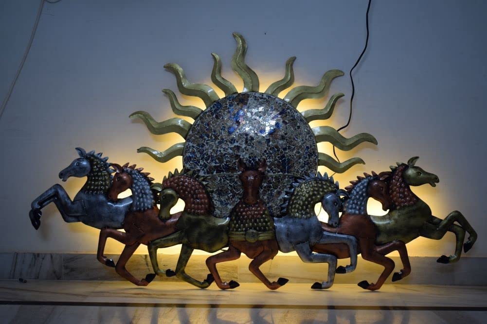 Nesfur Handmade Metal Sunrise Seven Running Hourse With Led Lights For Home Decor, Wall Decor, Diwali Gift, Corporate Gift, Vast