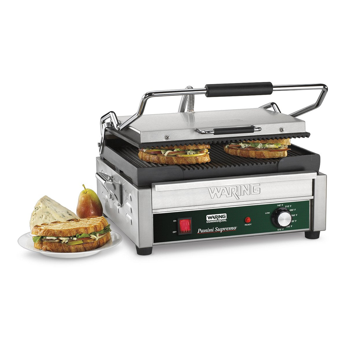 Waring Commercial Panini Press, Ribbed Cast Iron Plates, 14.5 x 11 Cooking Surface, 570F Adjustable Thermostat, for Sandwiches u