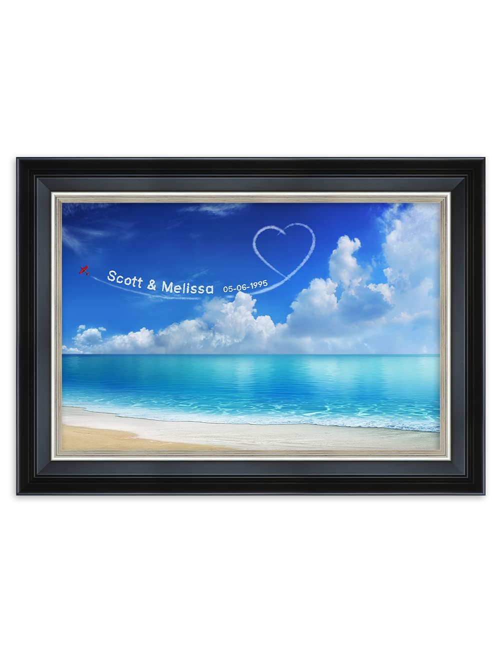 Ipic - Seaside Skywriting Personalized Framed Wall Art With Names And Date On, Giclee Prints With Solid Wood Frame, Customized G