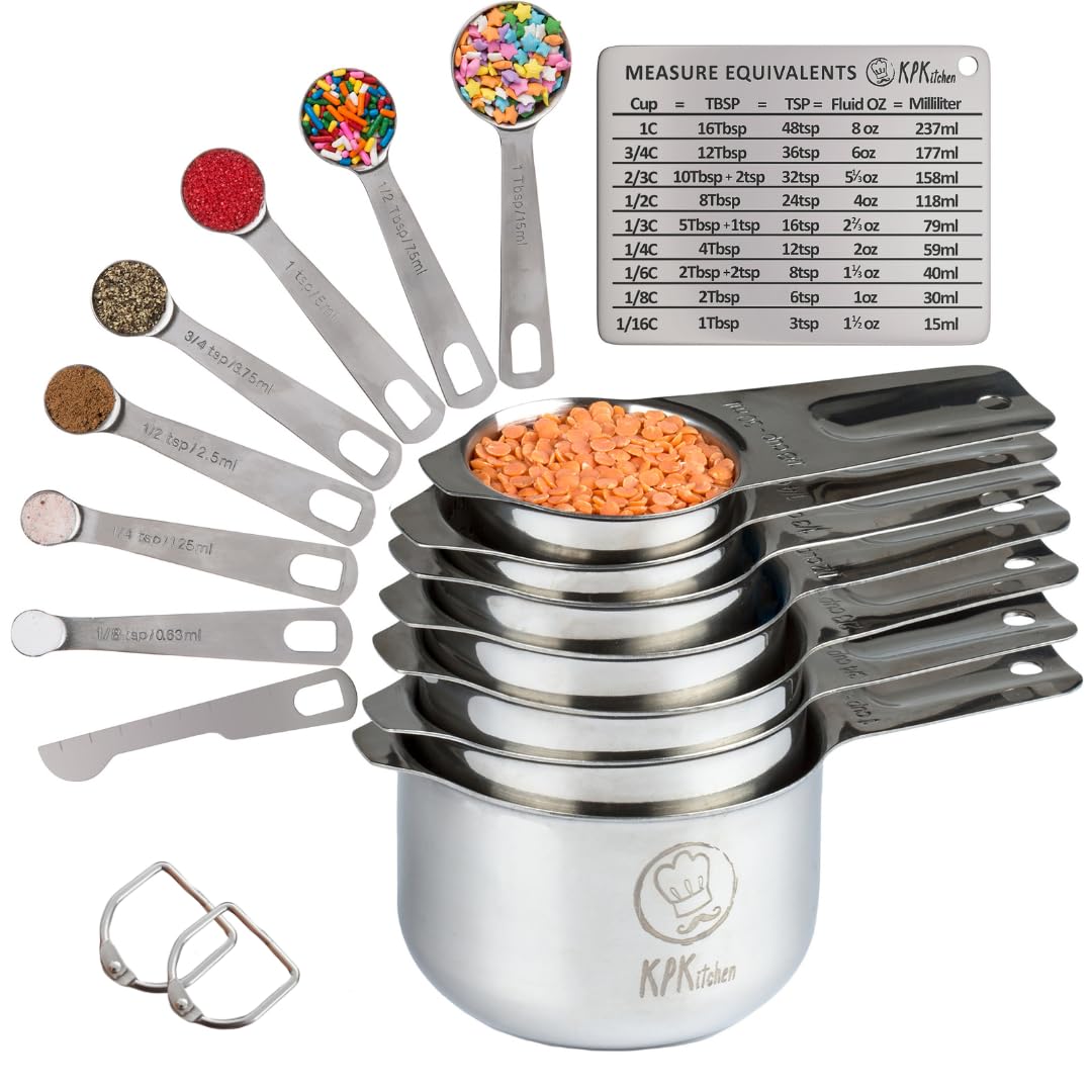 Stainless Steel Measuring Cups and Spoons Set of 16-7 Cup & 7 Spoon + Conversion Chart & Leveler - Kitchen Measuring Spoons and 