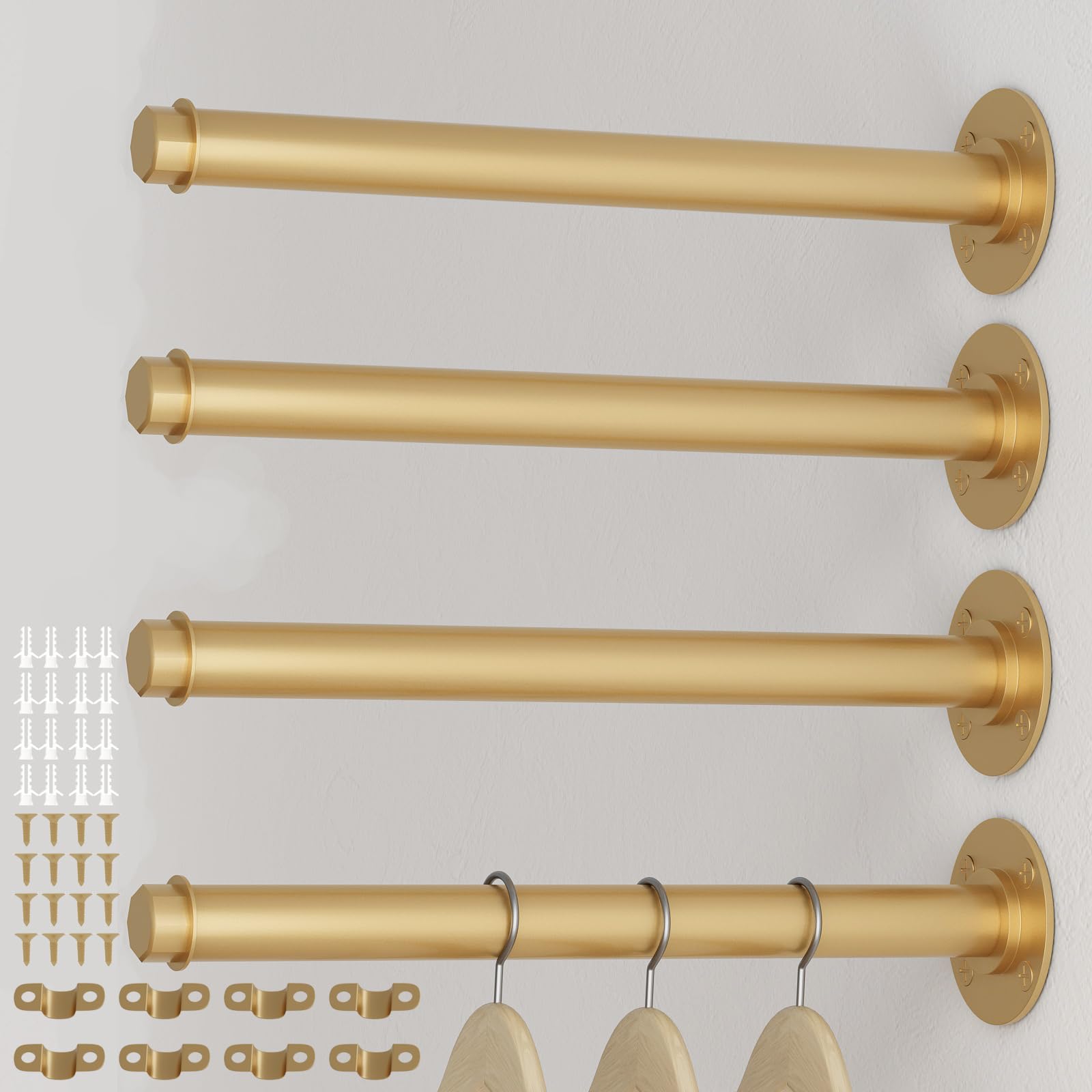 4 Pcs Industrial Pipe Clothes Bars 12 Inch, Industrial Pipe Clothing Racks, Gold Closet Rods For Hanging Clothes, Gold Clothing