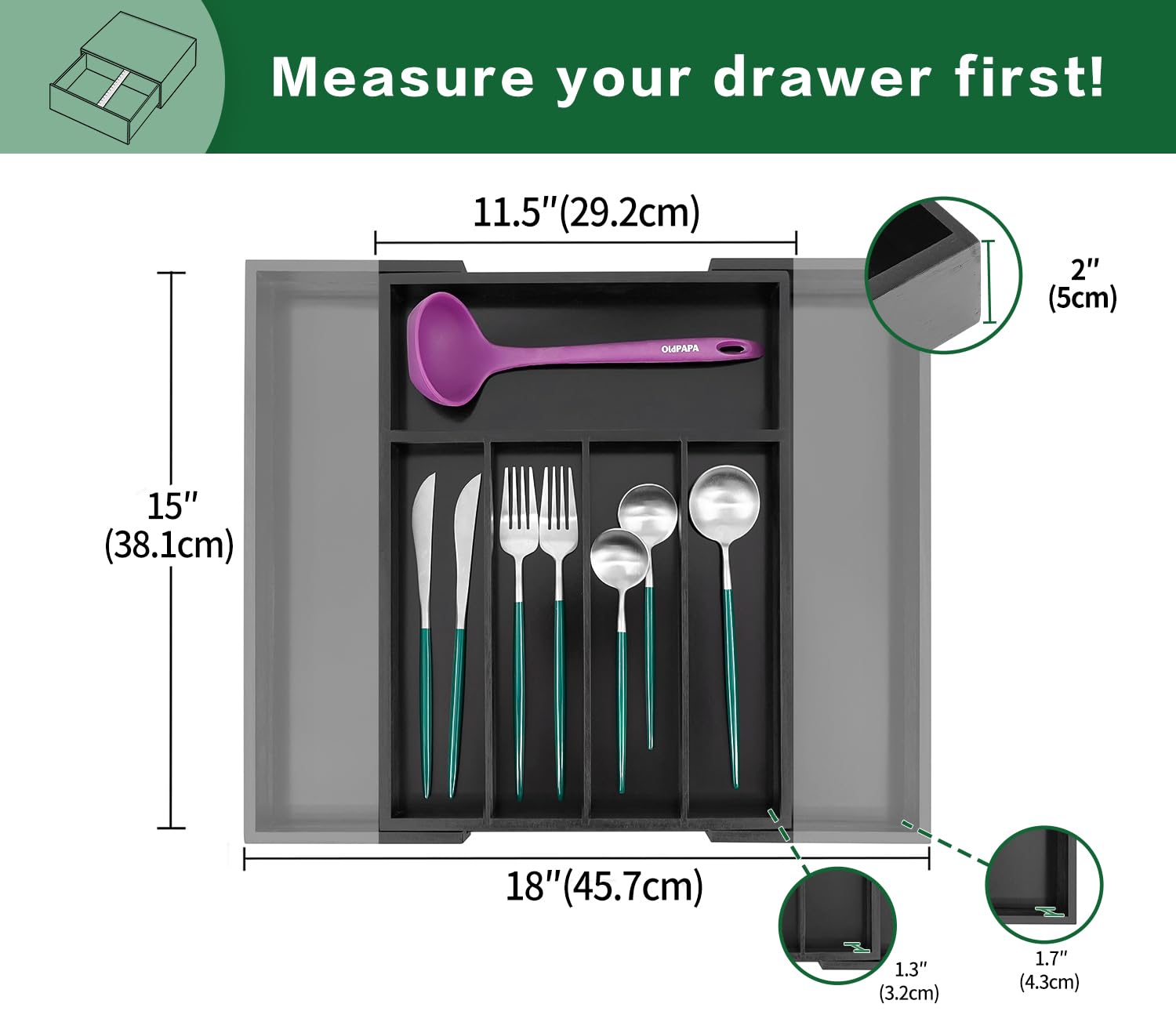 Utoplike Bamboo Silverware Drawer Organizer  Expandable Kitchen Utensils Drawer Organiser  Cutlery Tray Dividers  Flatware Caddy Drawer Insert  Office Supplies  Black 5-7 Slot