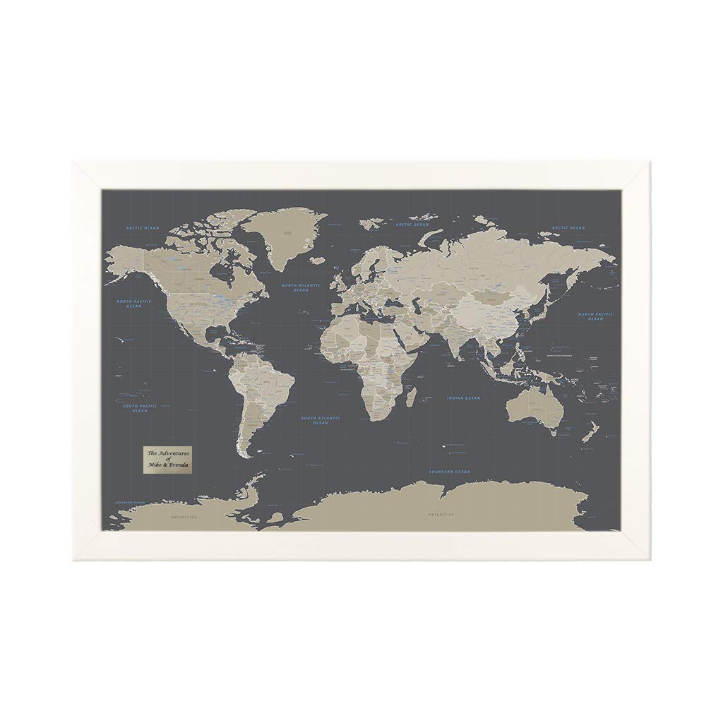 Personalized Earth Toned World Push Pin Travel Map With Textured White Frame And Pins - 27.5 Inches X 39.5 Inches