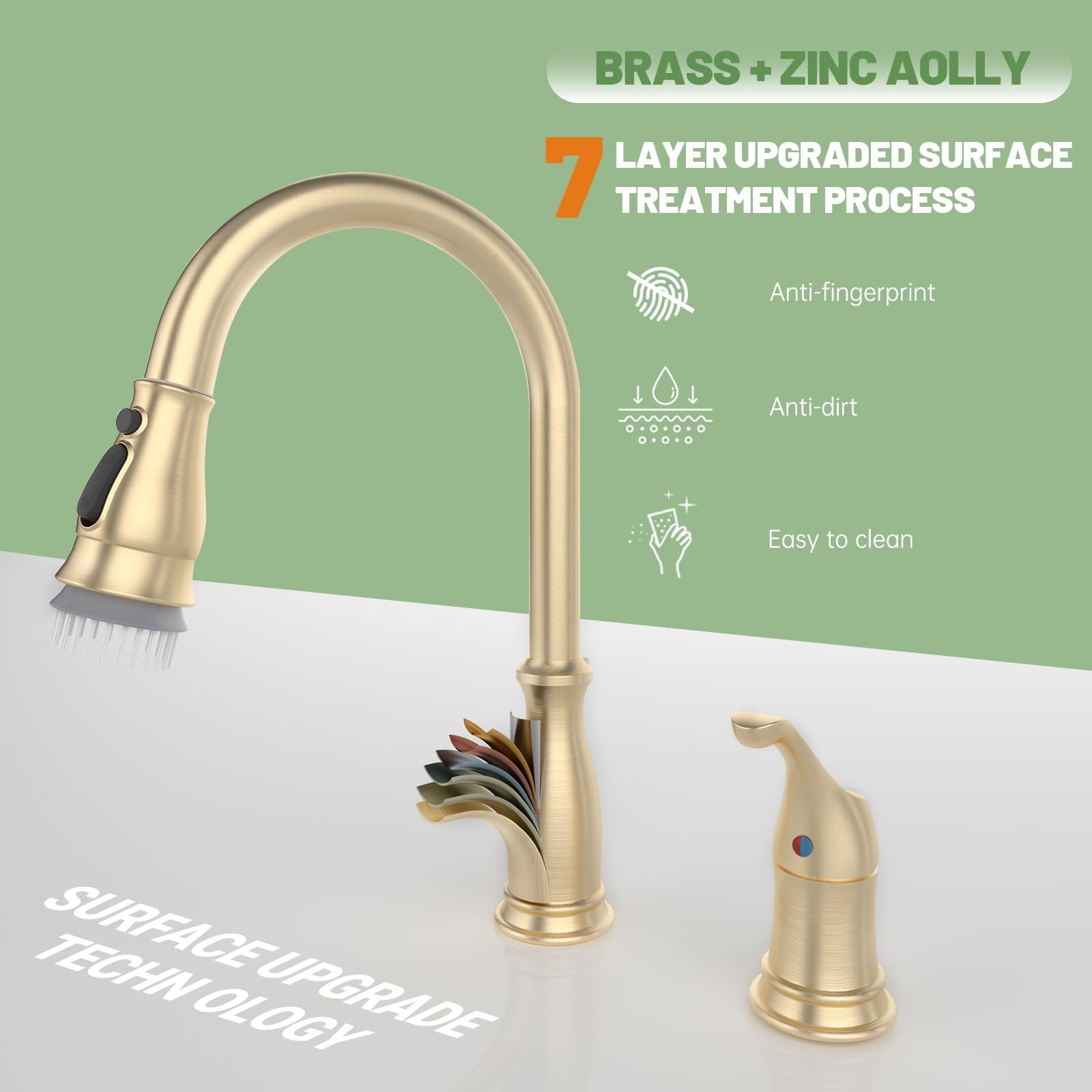 Appaso Gold Kitchen Faucet 3 Hole, Brushed Gold Kitchen Faucet With Soap Dispenser And Pull Down 3-Mode Sprayer, Solid Brass Hig