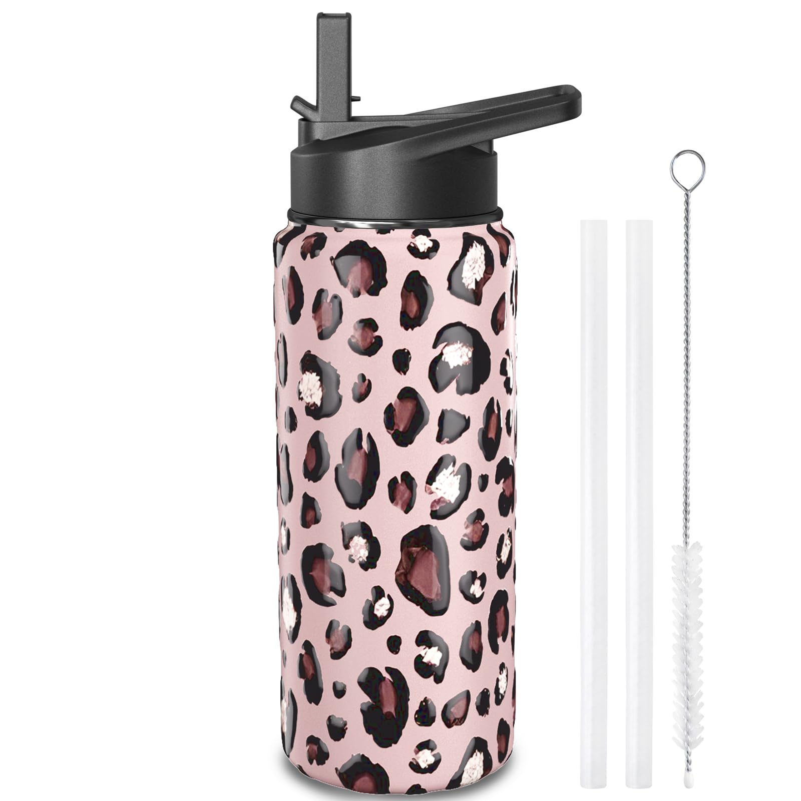Pink Leopard Print Water Bottles with Straw, 18 OZ Insulated Stainless Steel Waterbottle Tumbler Gifts for Women Girls
