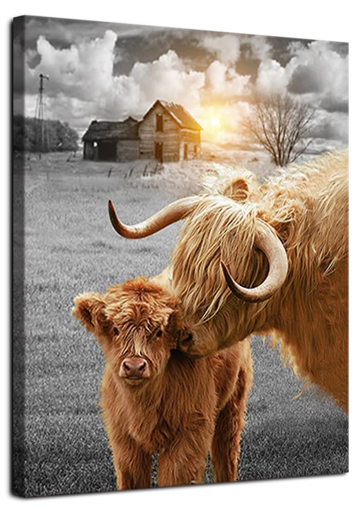 Highland Cow Wall Art Canvas Print Farmhouse Cow Picture Longhorn Cattle Animal Painting Stretched And Framed For Wall Decor 16X