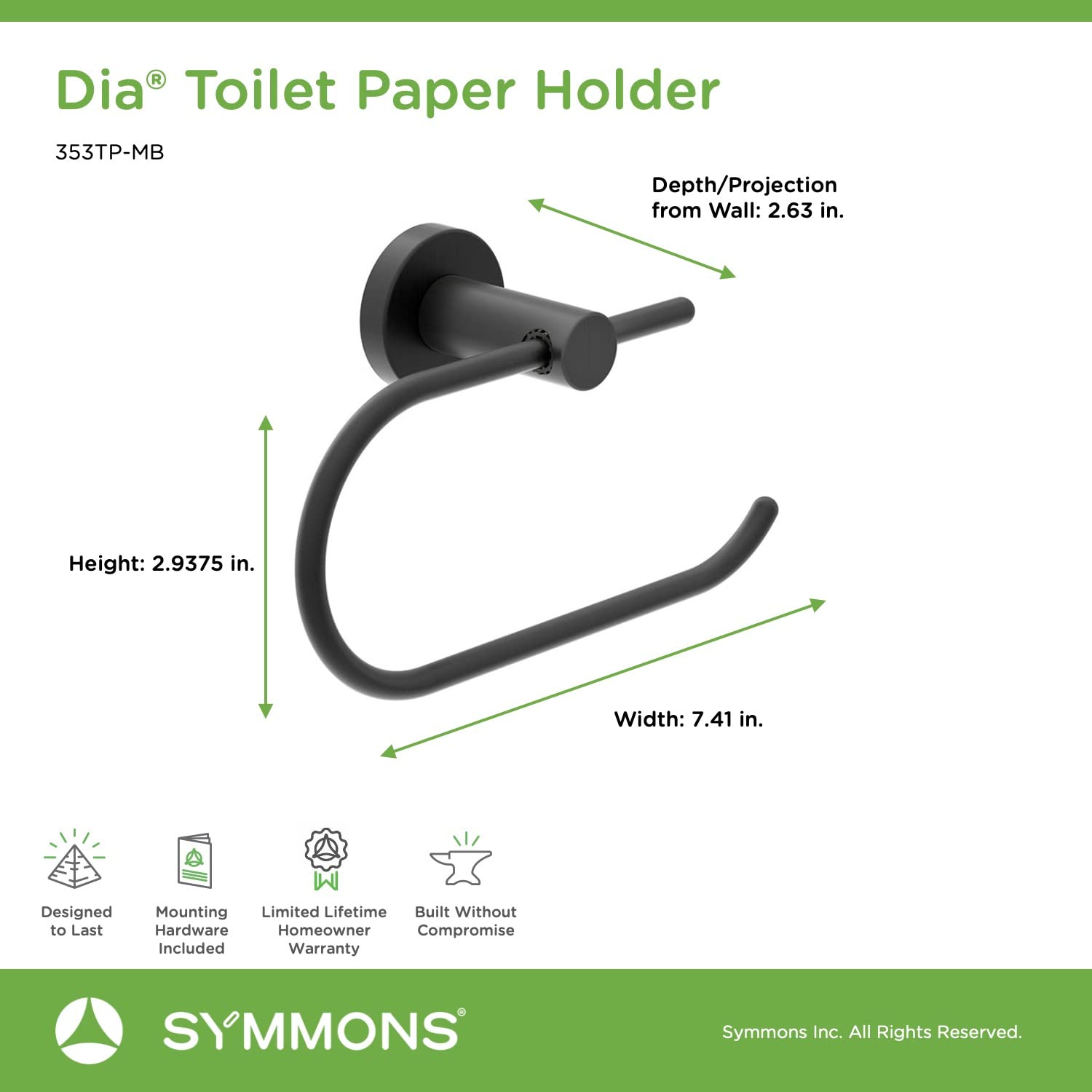 Symmons 353Tp-Mb Dia Wall-Mounted Toilet Paper Holder In Matte Black