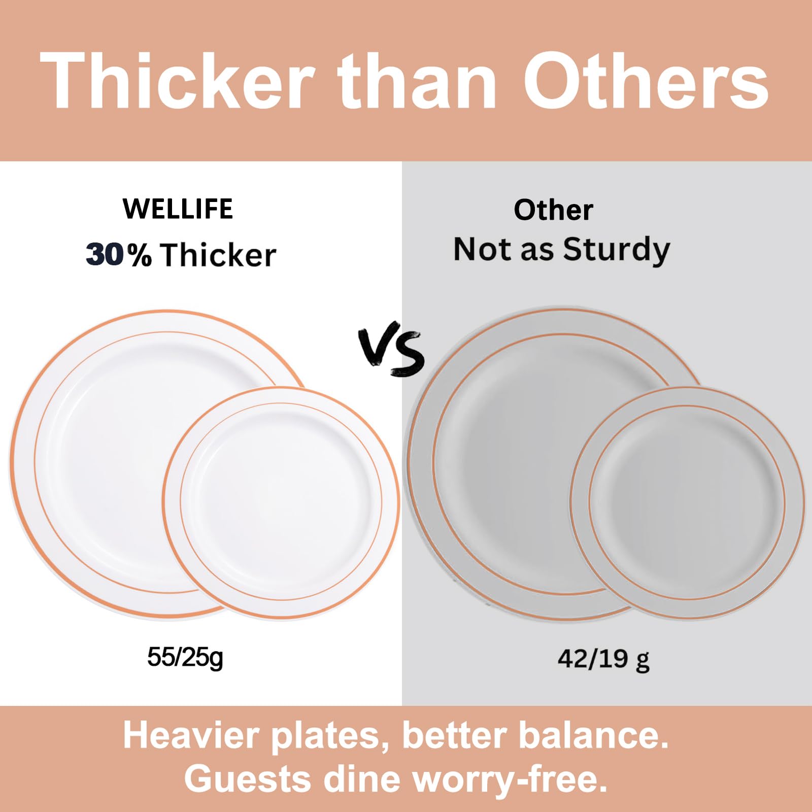 Wellife 350 Pieces Valentines Rose Gold Plastic Dinnerware, 50 Guests Disposable Plates With Rose Gold Silverware And Cups, 50 P