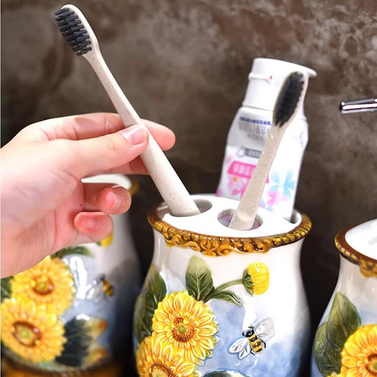 Forlong Ceramic Sunflower Bathroom Accessories Set, 4 Piece Bathroom Ensemble Set With Toothbrush Holder, Toothbrush Cup, Soap D