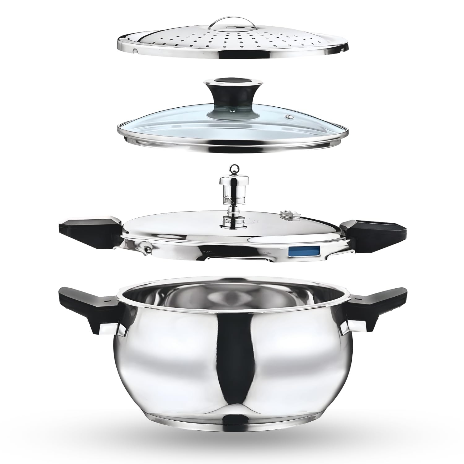 Vinod Magic Stainless Steel 3-In-1 Pressure Cooker, 5.5 L | 5 Mm Thick Base With Strainer & Glass Lid | Multi-Purpose Cooker For