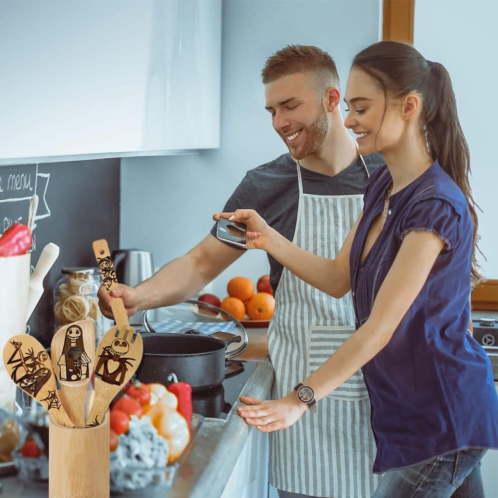 Nightmare Before Christmas Gifts - 5 Pcs Wooden Spoons For Cooking,Nightmare Before Christmas Kitchen Utensils Set,Wood Cooking