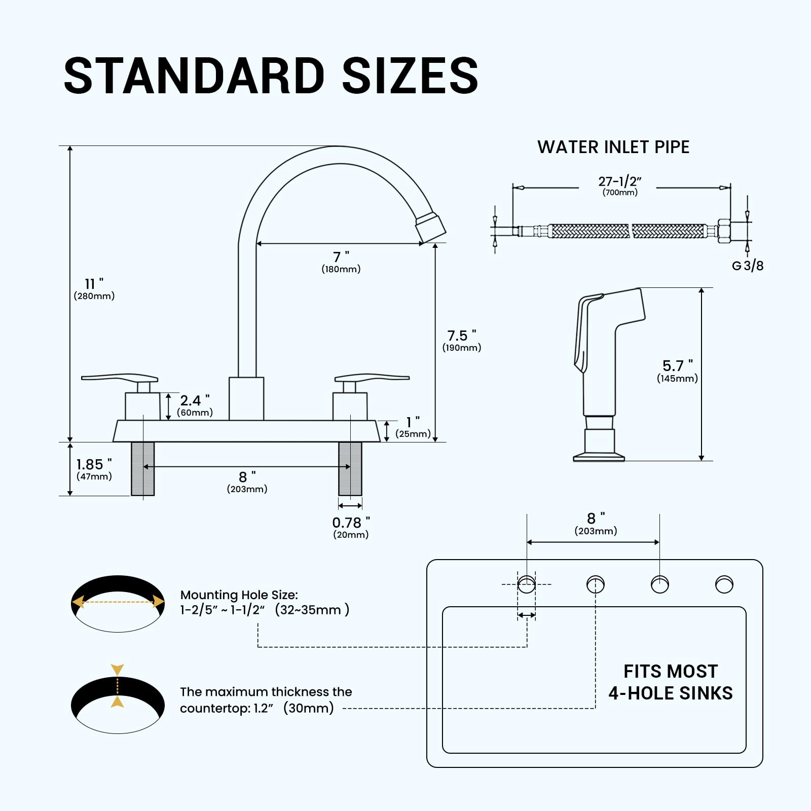 Blylund Kitchen Faucets With Side Sprayer, Matte Black High Arc 8 Inch Centerset 4 Hole Kitchen Faucet 2 Handle Stainless Steel