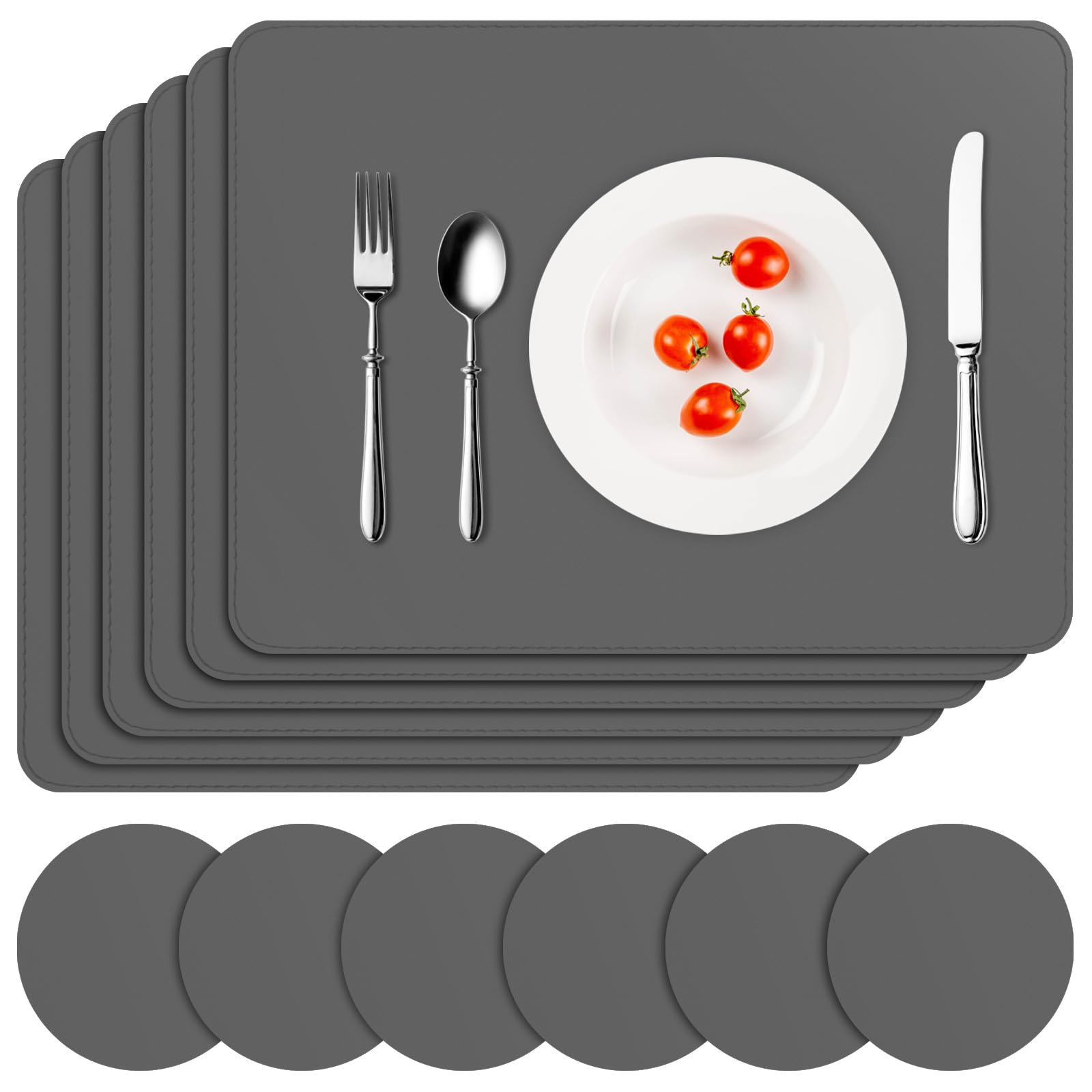Aplker Vinyl Placemats Set Of 6, Grey Waterproof Faux Leather Heat Resistant Kitchen Place Mats, Wipeable Dining Table Place Mat