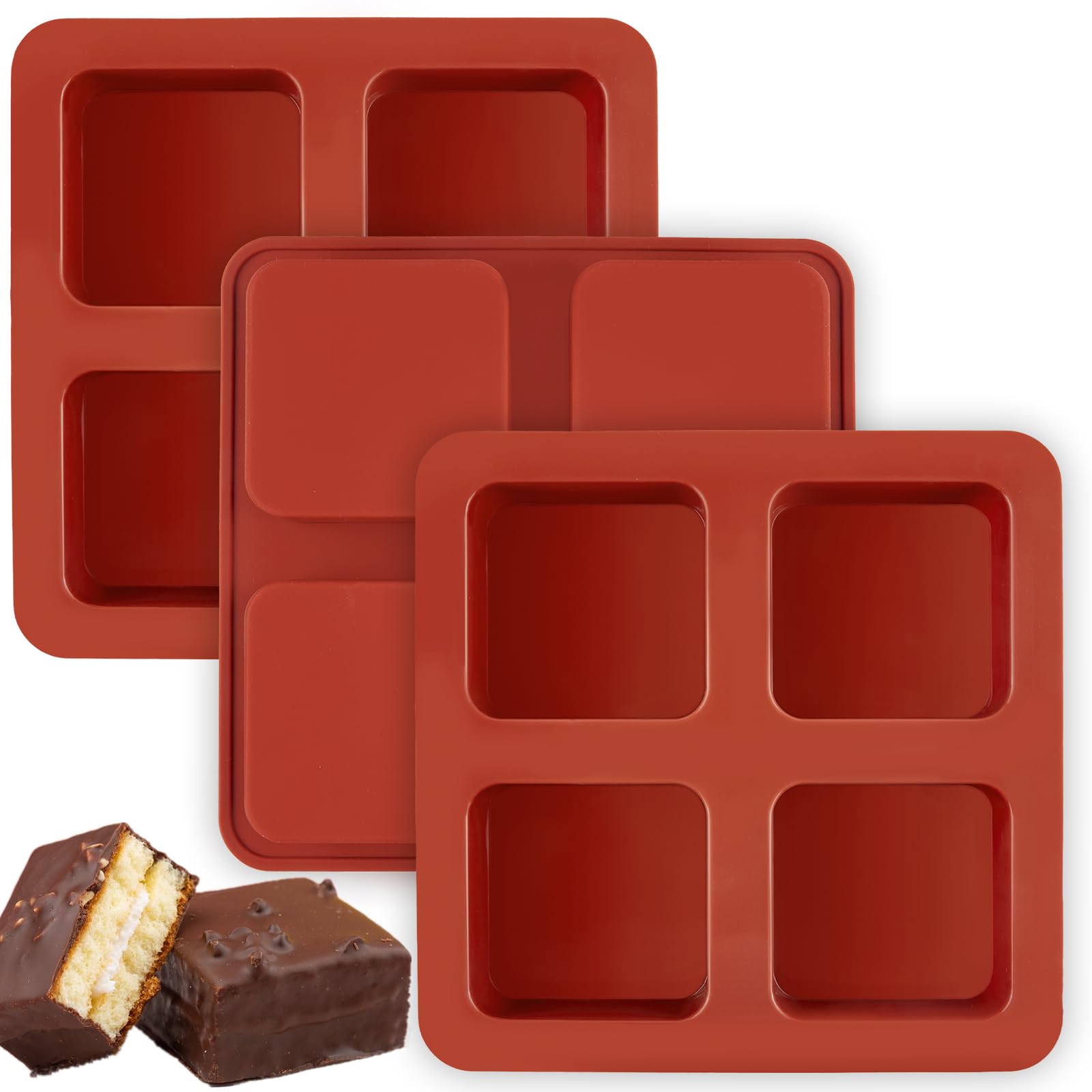 Joersh 3Pcs Chocolate Covered Cookies S'Mores Molds, 4-Cavity Silicone Brownie Pan Square Baking Molds For Smores, Graham Cracke
