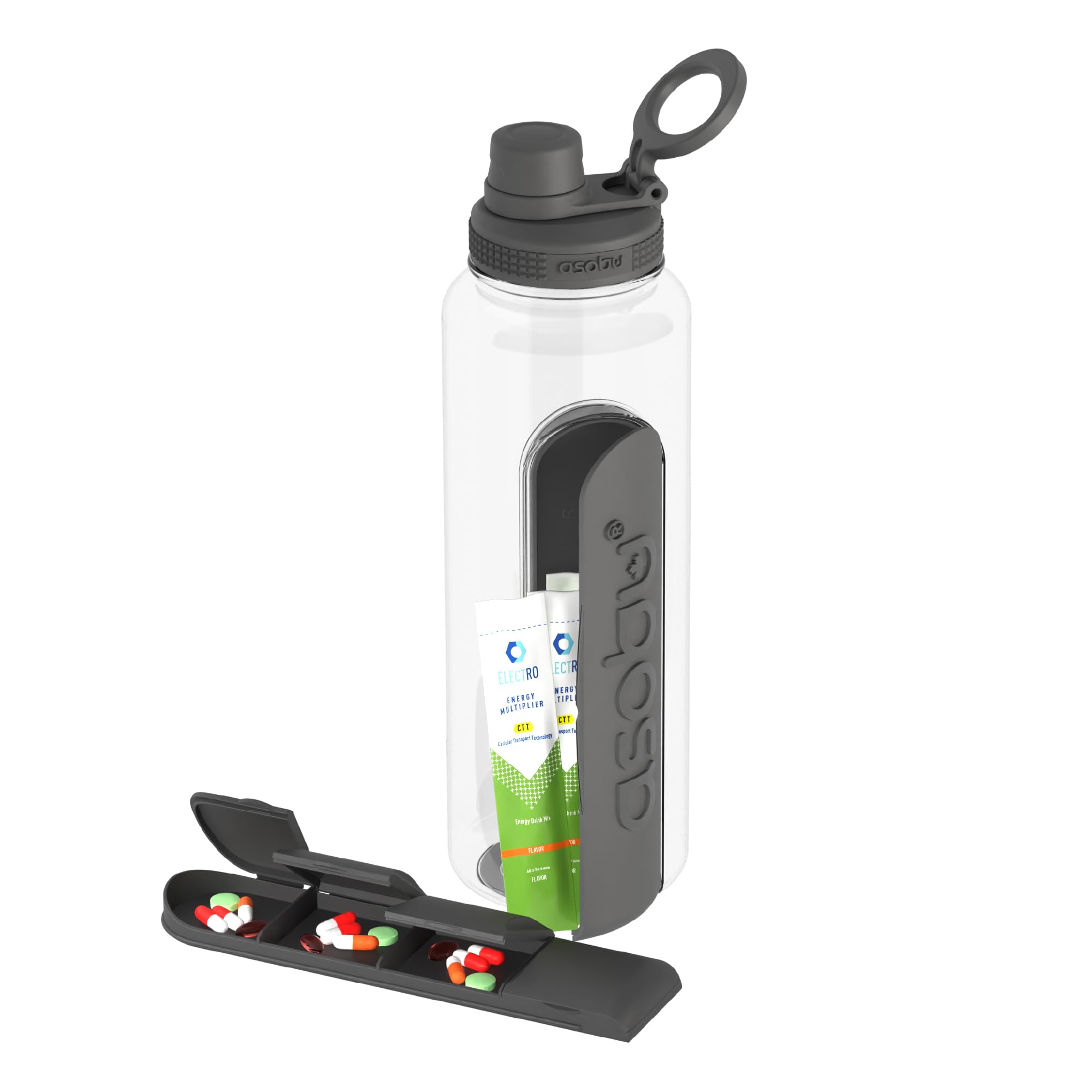 asobu Electrolyte Large Sports Water Bottle with Interchangeable Packet and Pill Storage Compartments Durable Tritan 40oz (Black