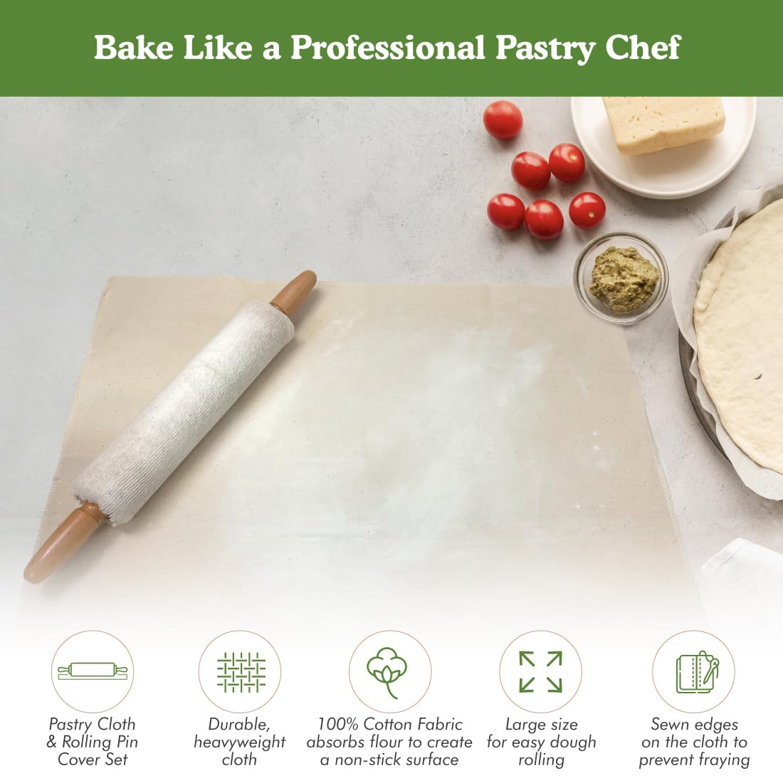 Regency Wraps Natural Pastry Cloth & Rolling Pin Cover Set  100% Cotton Cloth & Pin Cover for Non-Stick Dough Rolling  20x24'' Cloth with Sewn Edges 15'' Rolling Pin Cover