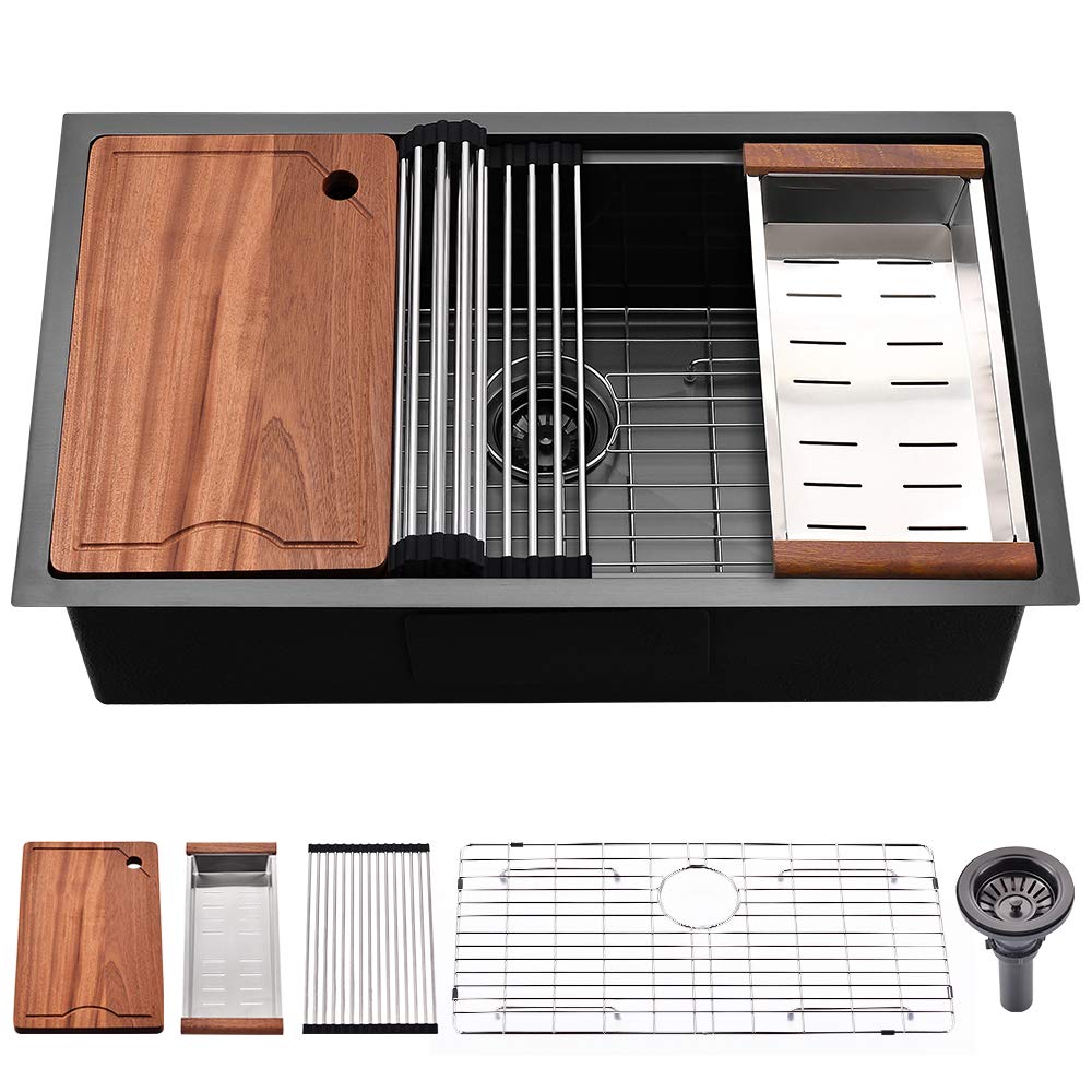 Somrxo 32 Inch Black Undermount Workstation Kitchen Sink 32?9 Kitchen Sink Undermount 16 Gauge Gunmetal Black Stainless Steel Ki