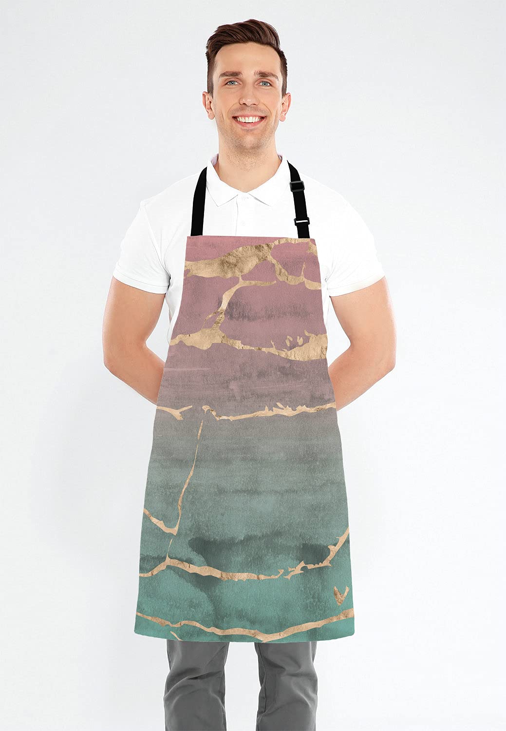 Lefolen Rose Gold Marble Design With Watercolor Gradient Texture Bib Apron With Adjustable Neck For Men Women,Suitable For Home