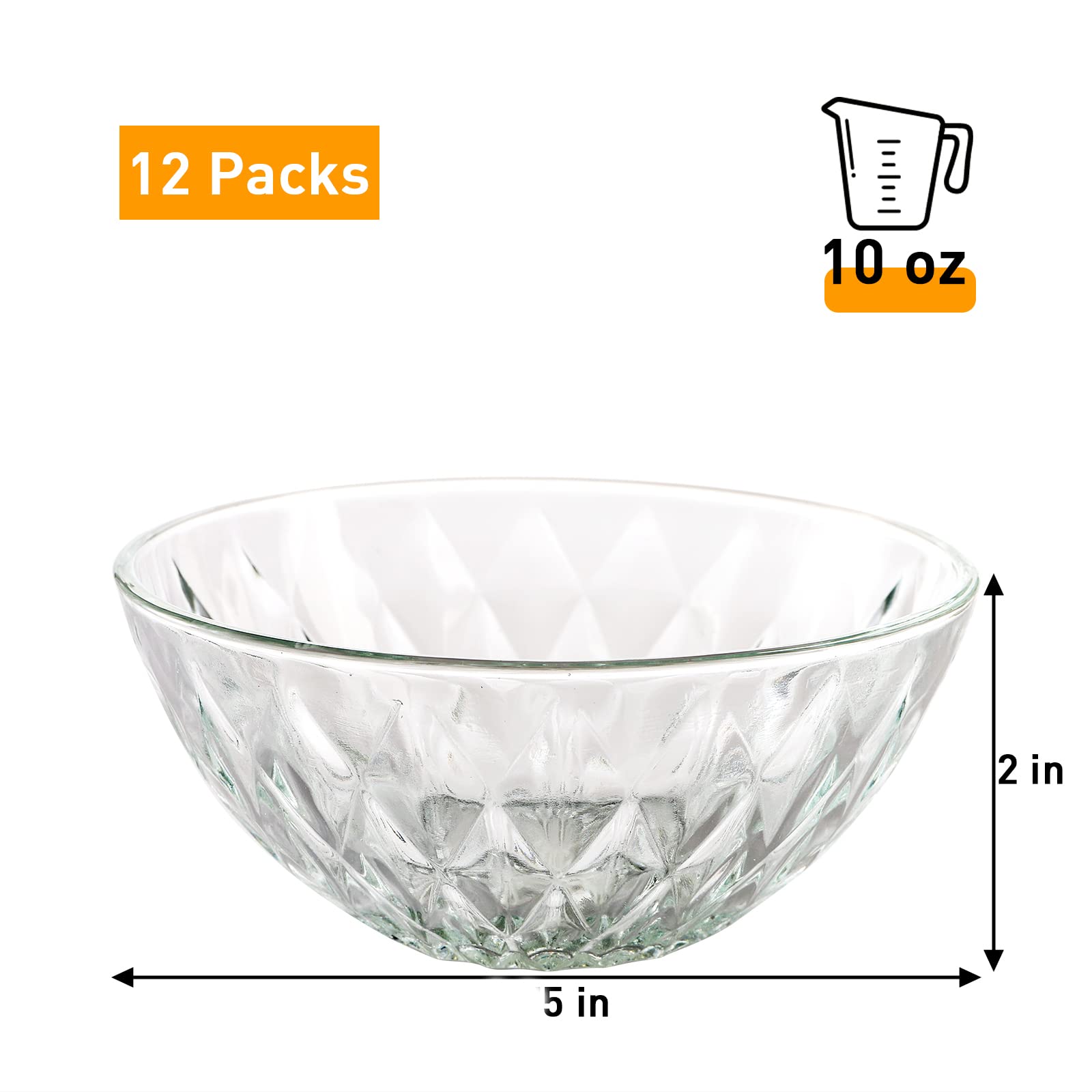 Jucoan 12 Pack 10 Oz Mini Glass Bowls, 5 Inch Diamond Cut Glass Prep Bowls, Stackable Glass Salad Bowls For Fruit, Cereal, Candy