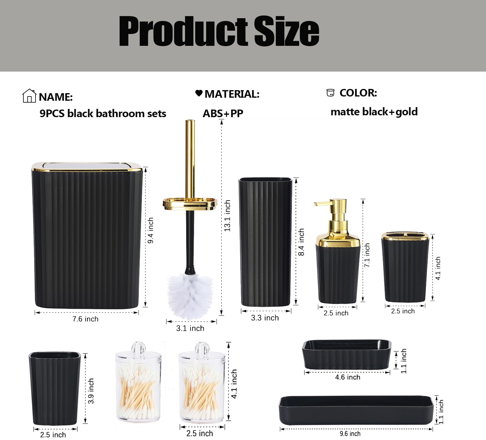 Black Bathroom Accessories Set,9 Piece Black Bathroom Accessory Set With Toothbrush Holder, Trash Can, Lotion Soap Dispenser, To