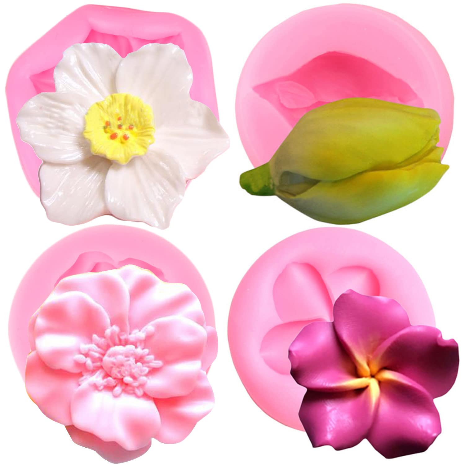 Mujiang Plumeria Flower Silicone Mold Tulip Cherry Flowers Fondant Molds For Cake Decorating Chocolate Candy Clay Set Of 4