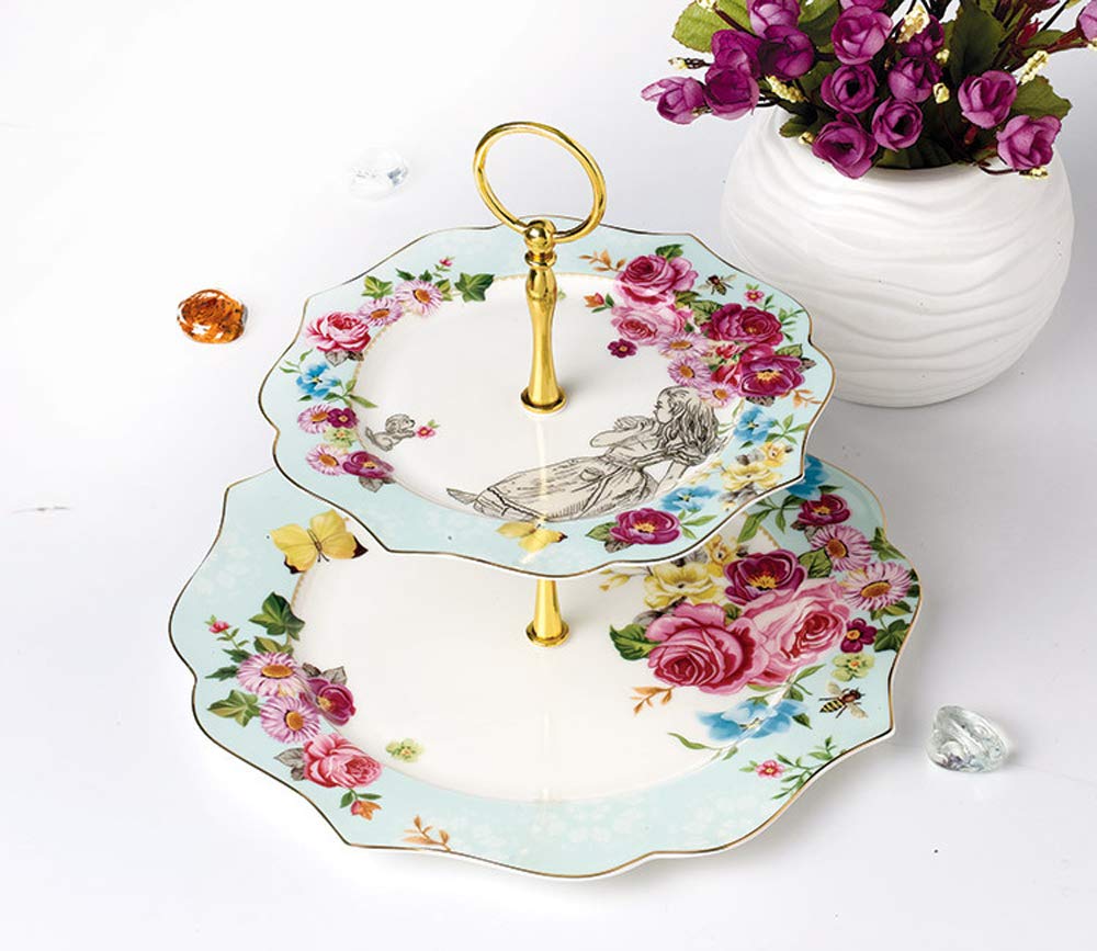 Linlins Elegant Bone China Rose Pattern 2-Tier Cake Stand/ Cupcake Stand/ Pastry Serving Cake Stand In Gift Box