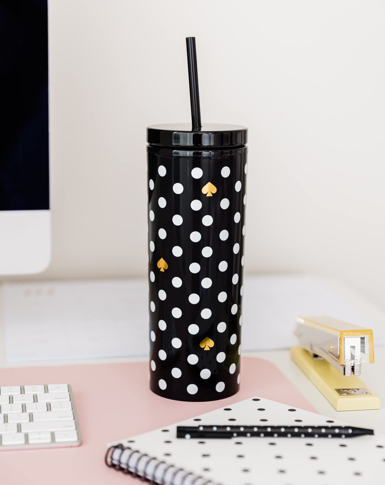 Kate Spade New York Insulated Tumbler With Reusable Straw, Black 24 Ounce Acrylic Travel Cup With Lid, Polka Dots
