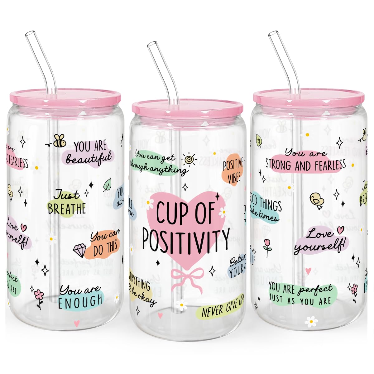 SANDJEST Inspiration Gifts - Glass Tumbler 16oz with Acrylic Lid and Straw - Iced Coffee Cups for Women, Aesthetic Glass Cup Gif