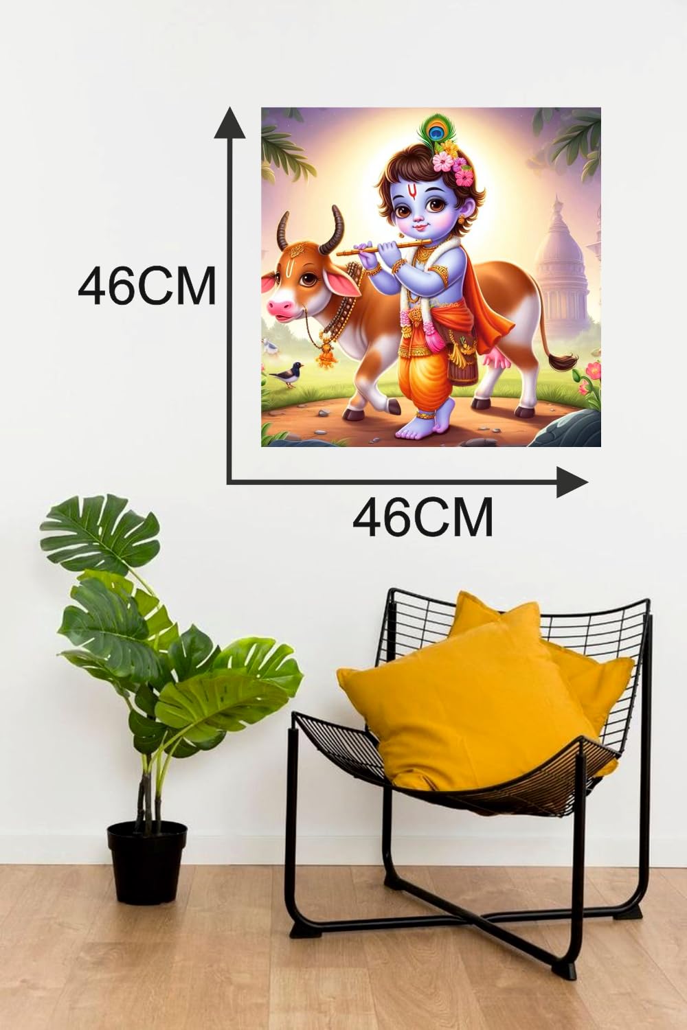 Akki Wold Little Krishna Bashuri and Cow Wall Poster for Livng Room, Kids Room, Office (Size - 46CM X 46CM)