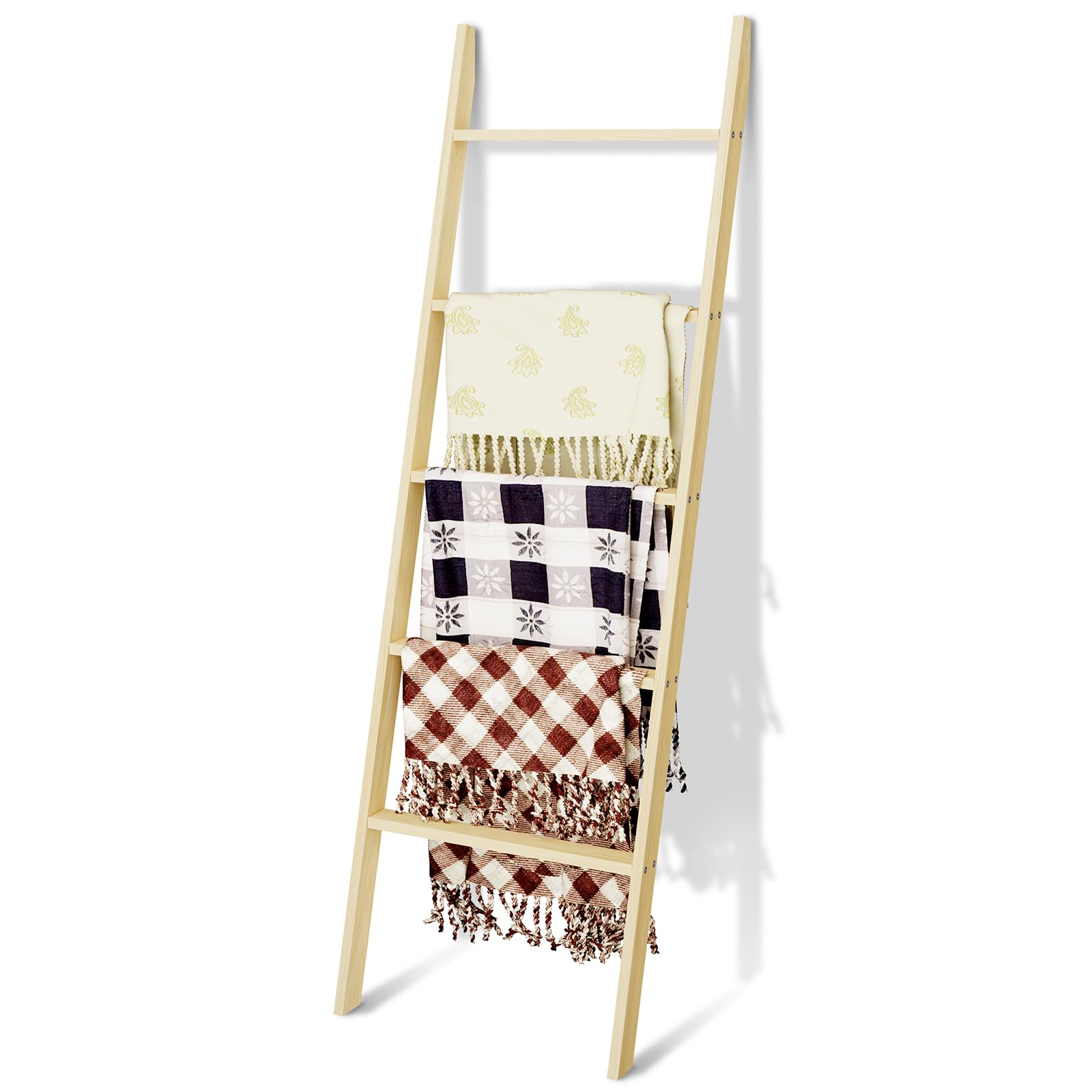 5-Tier Blanket Ladder Wooden, Non-Folding 4.8Ft(57.5'') Blanket Towel Holder Rack Decorative Ladder, Easy Assembly, Rustic Farmh