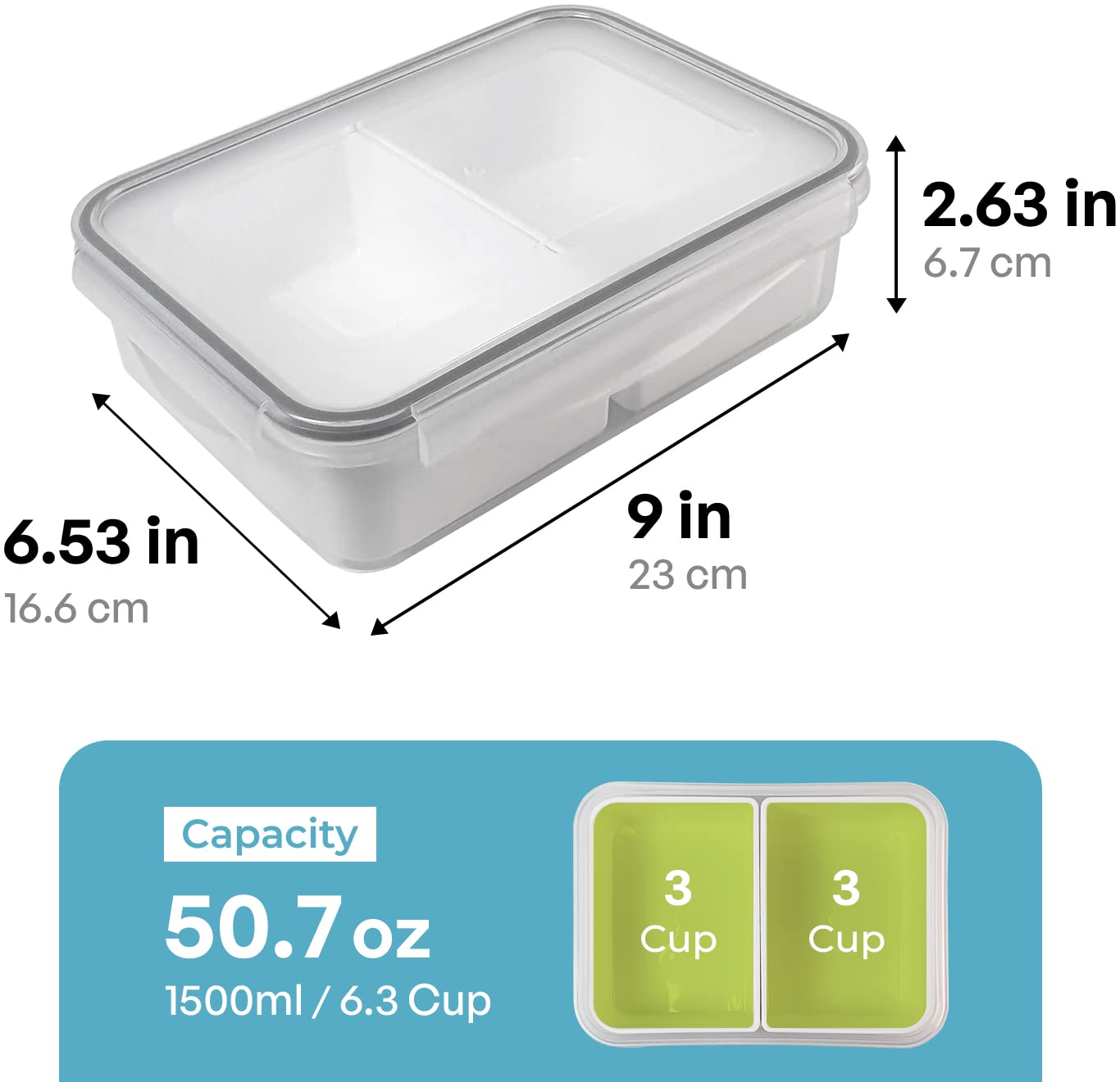 Carrotez Food Storage Container With 2 Removable Compartments, Food Prep Container With Airtight Lids, Portion Control Container