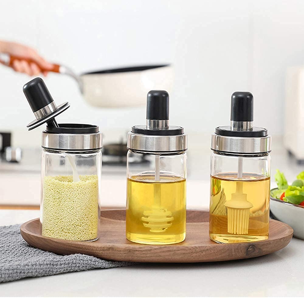 FarielynX Borosilicate Glass Pickle, Ghee, Honey Jar Set Of 3 Oil Dispenser Honey Dispenser Bottle Kitchen Seasoning Bottle Foo