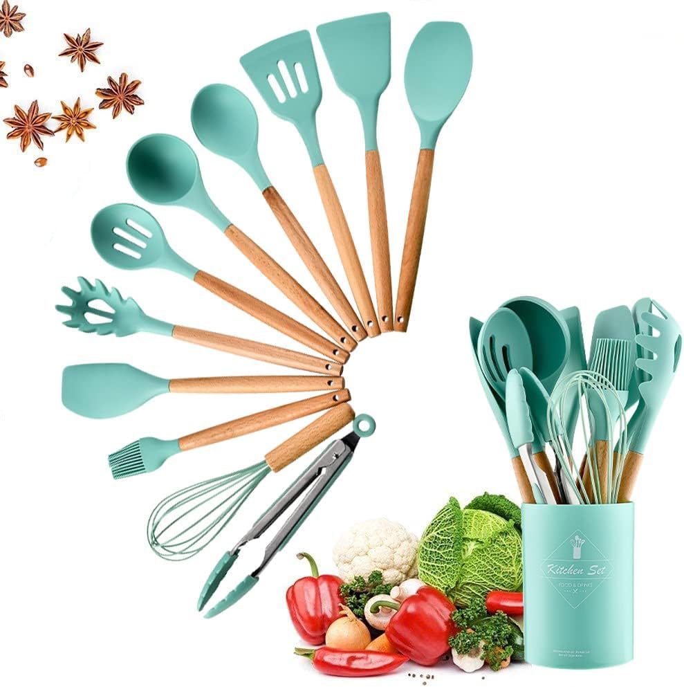 Mobdesk 12 Pcs Green Silicone Kitchen Spatula Set With Wooden Handles And Holder | Nonstick Utensils For Cooking, Baking, And Mo