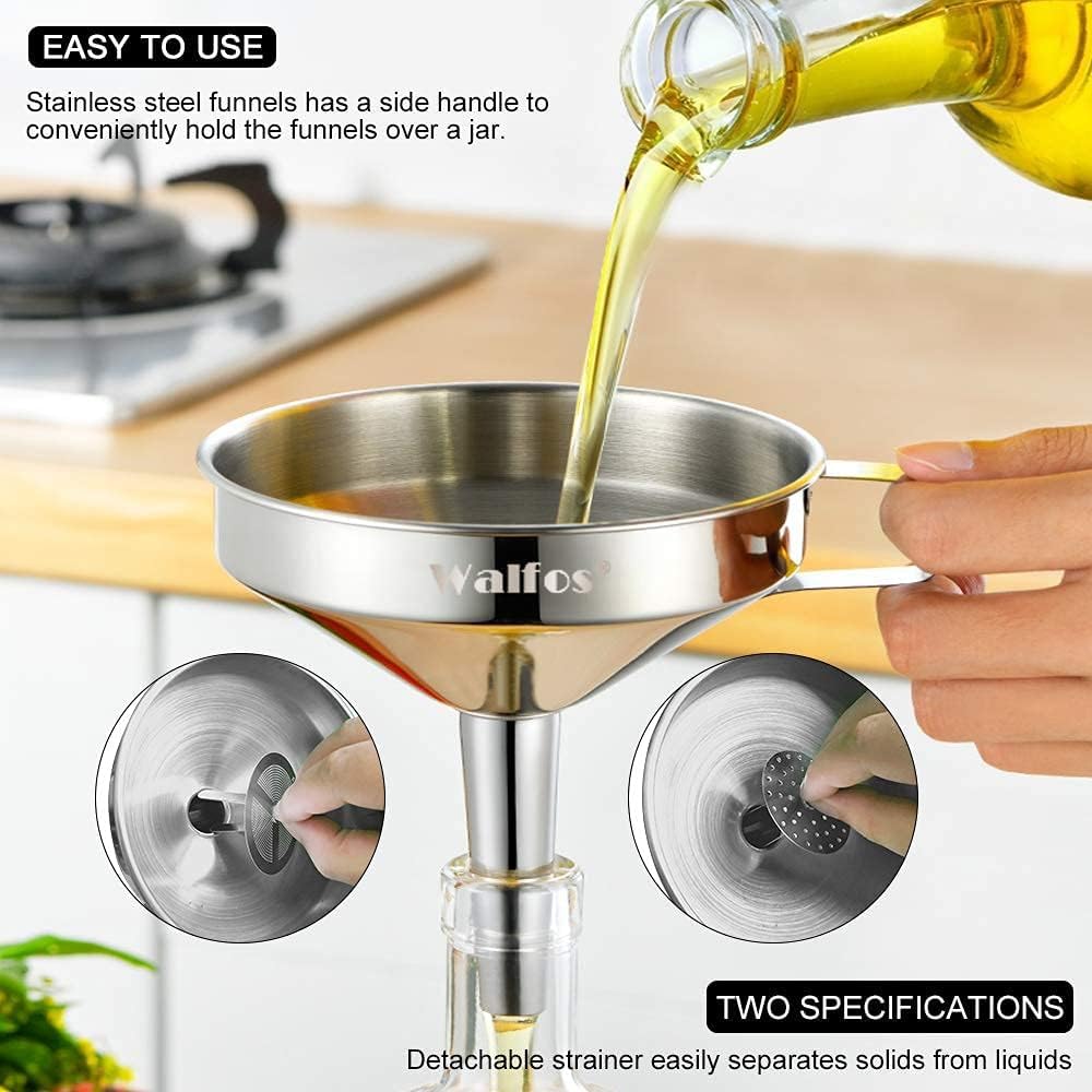 Stainless Steel Funnel, Walfos 3 Different Sizes Of Kitchen Funnels With 2 Removable Strainer & 1Pcs Cleaning Brush, For Transfe