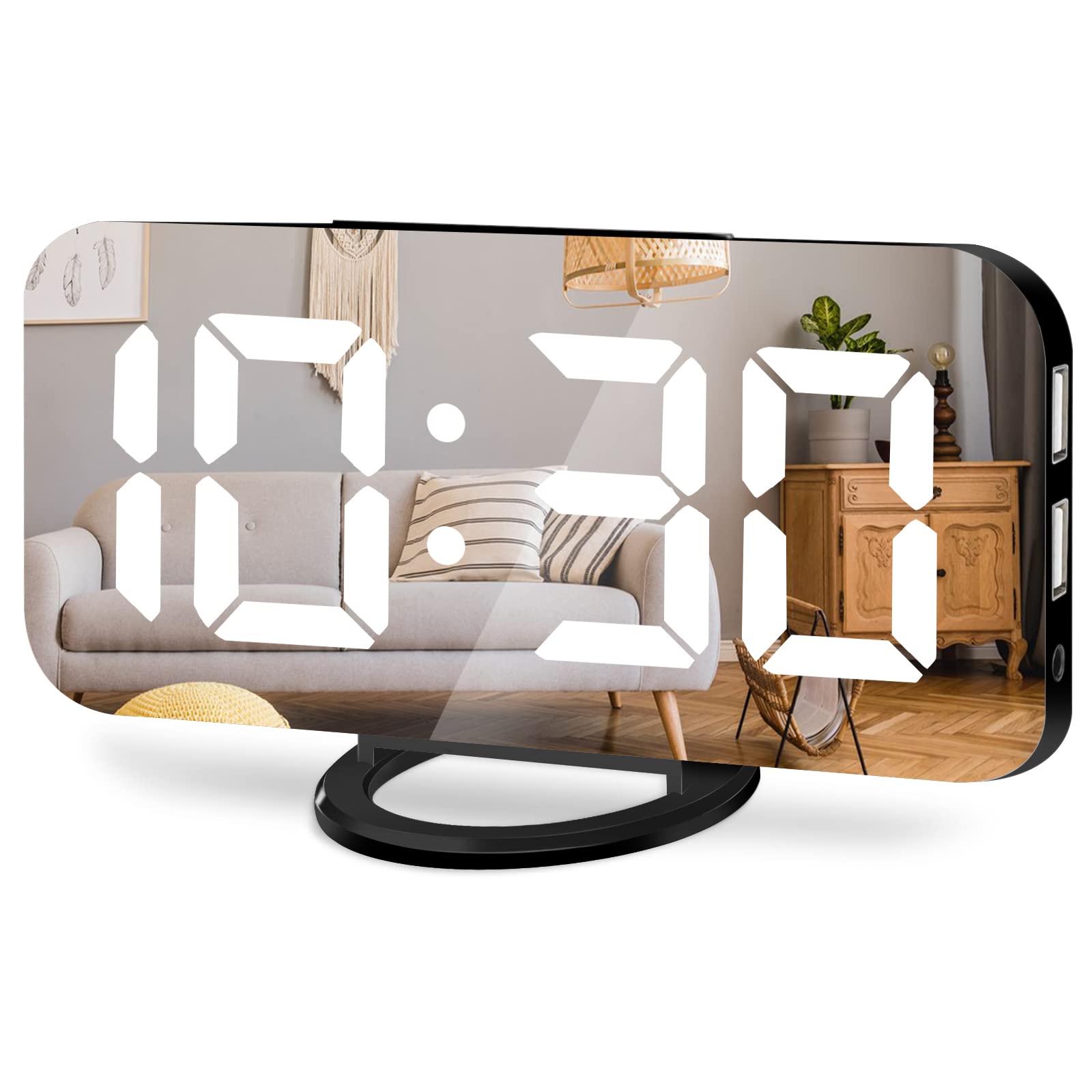 Lamisola Digital Alarm Clock, Large LED Mirror Display,2 USB Charging Ports,Auto Adjustable Brightness,Aesthetic Modern Clocks f