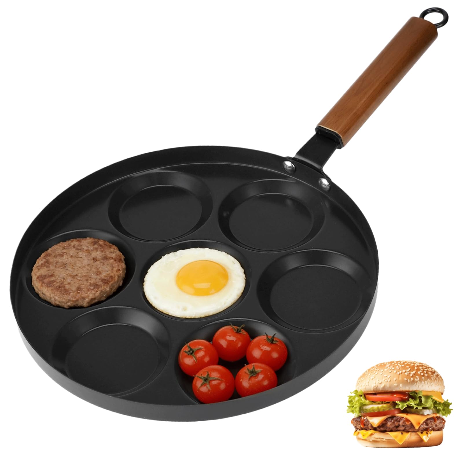 NIMBLOOM 7Cup Egg Frying Pan Nonstick, 12 in Omelet Pan with Wood Handle, Ceramic Coating Pancake Pan Includes Brush and Spatul