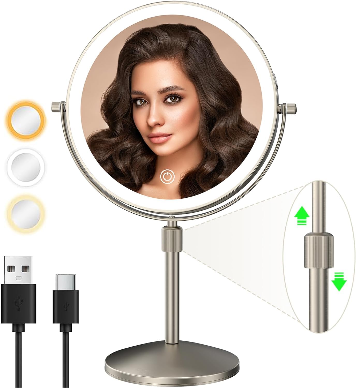 Miroamz 8'' Lighted Makeup Mirror, 1X/10X Magnification Mirror With Light, Double Sided Dimmable Mirror, Rechargeable & Brightne