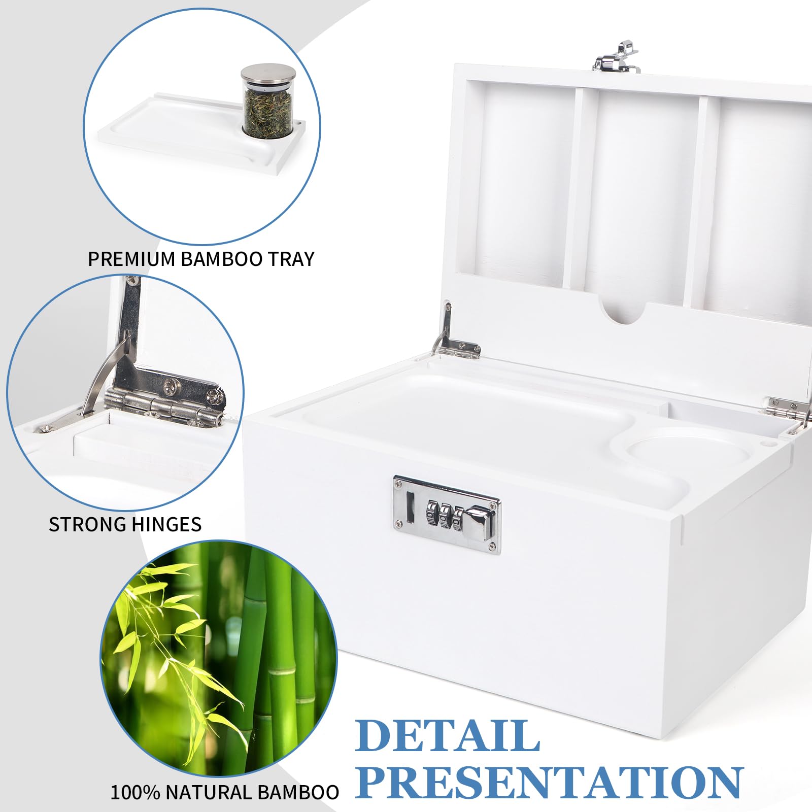 Large White Bamboo Box with Combination Lock, Decorative Storage Box with Removable Tray & Detachable Compartment, Wooden Boxes