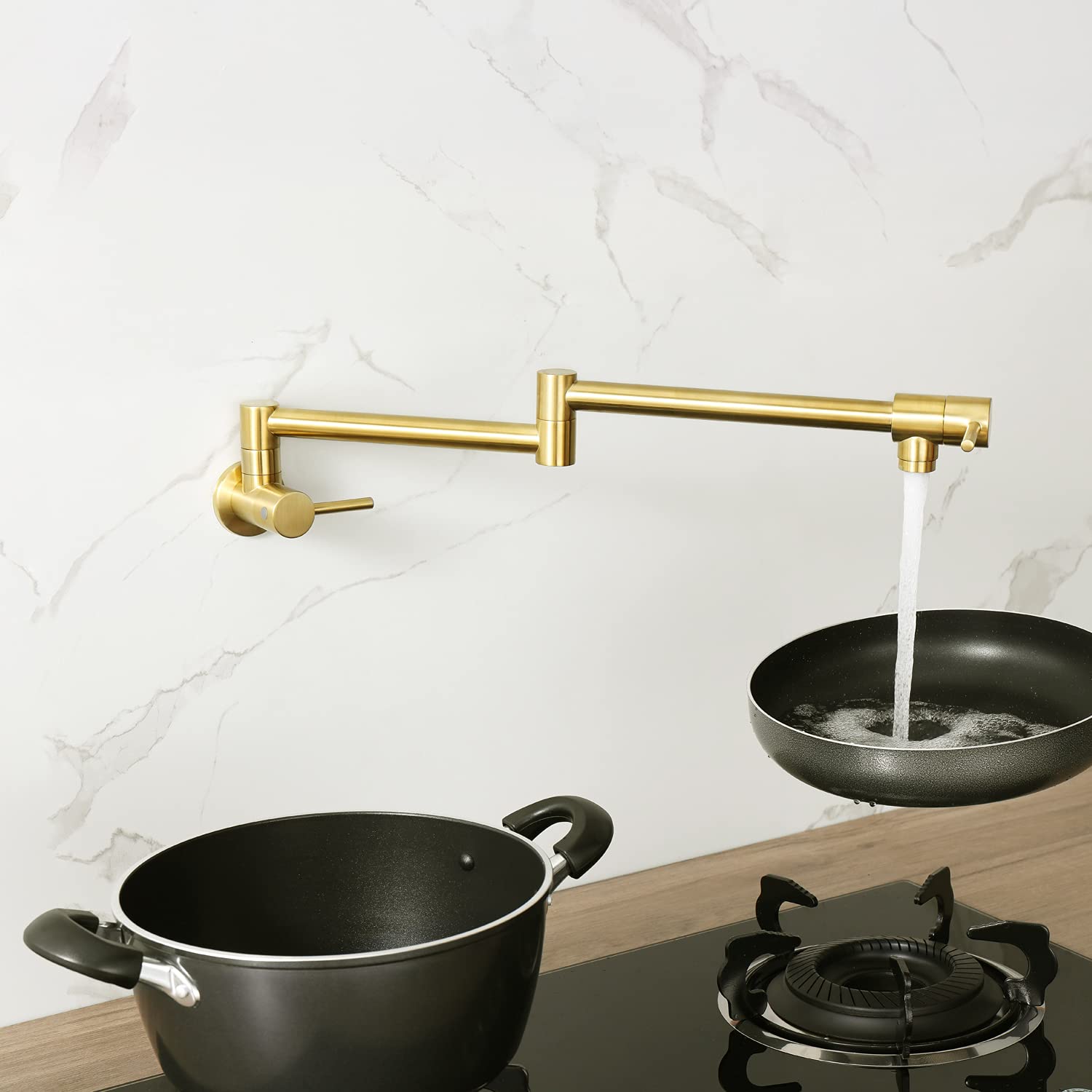 Haiyunda Pot Filler Folding Faucets,Wall Mount Pot Filler Kitchen Faucet Solid Brass,Swing Arm Folding Brushed Gold Modern Kitch